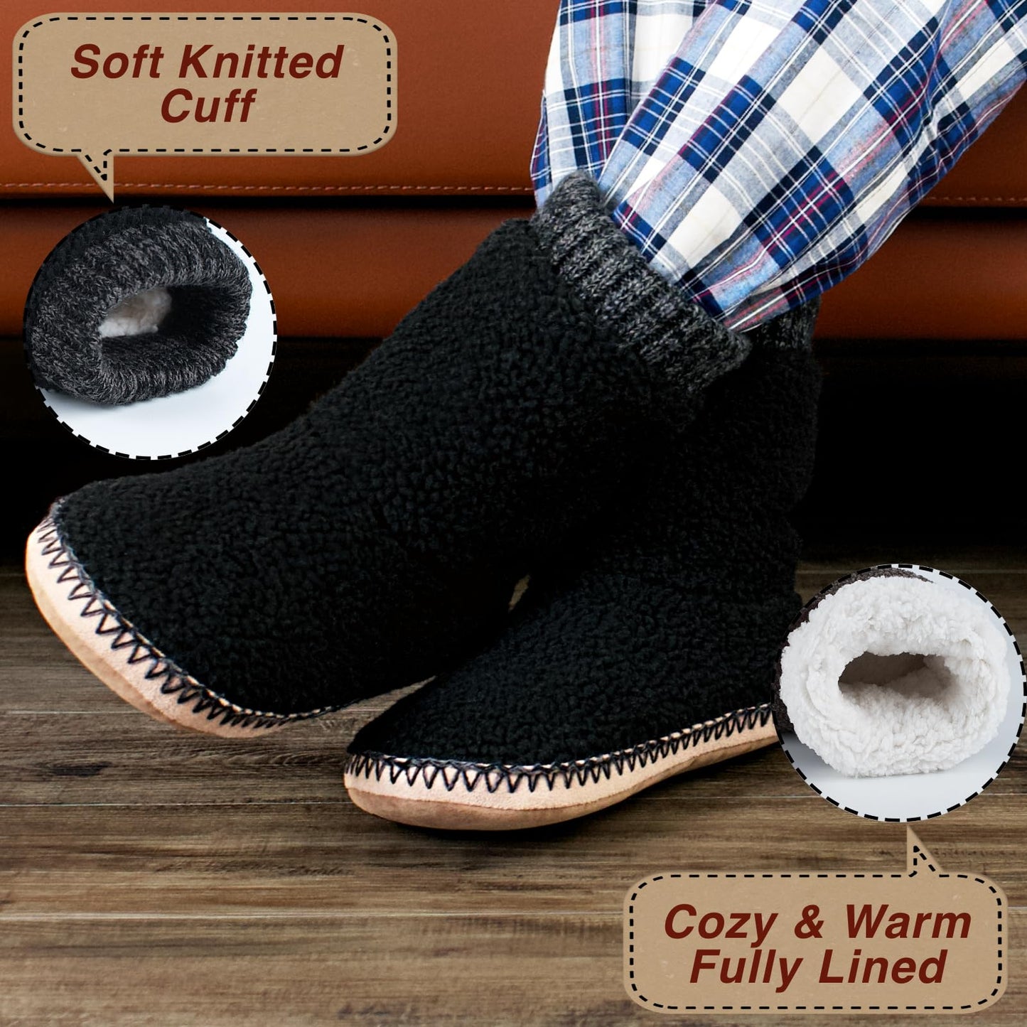 cosyone1997 Cozy Boot Slippers for Men Indoor, Fuzzy House Shoes with Non Slip Gripper Soles, Soft Warm Moccasin Socks, Winter Gifts for Christmas Unique, Black Adult Size 10-11