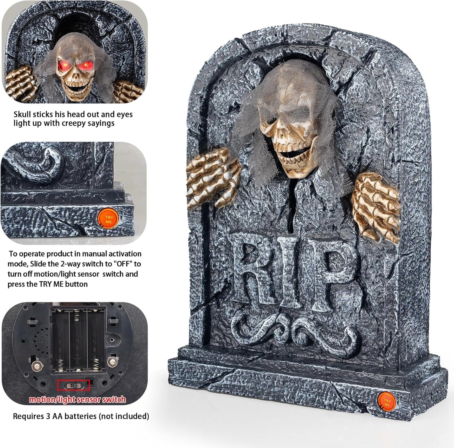 Candieslife Halloween Animatronics Zombie Tombstone - LED Gravestone Decorations with Skeleton Skull, Light Up Eyes, Motion Activated, Creepy Voice, Scary Motion Haunted Horror Prop for Indoor/Outdoor