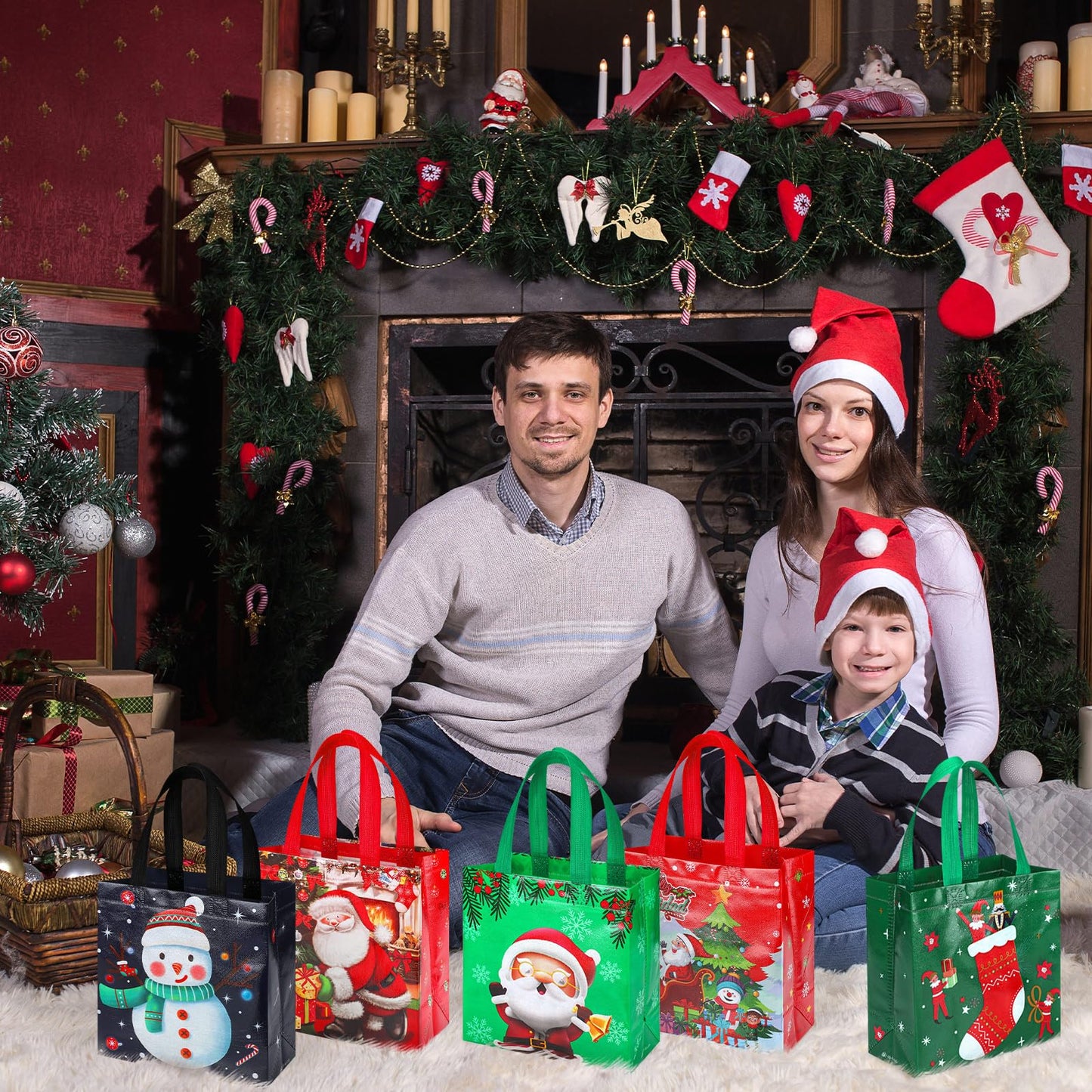 Chapou 100 Pcs Christmas Gift Bag Bulk Reusable with Handles 9.06 x 8.66 x 4.33 in Xmas Tote Bags Snowman Santa Claus Non Woven for Shopping Goodies Retail Business Treat Holiday Party Supplies