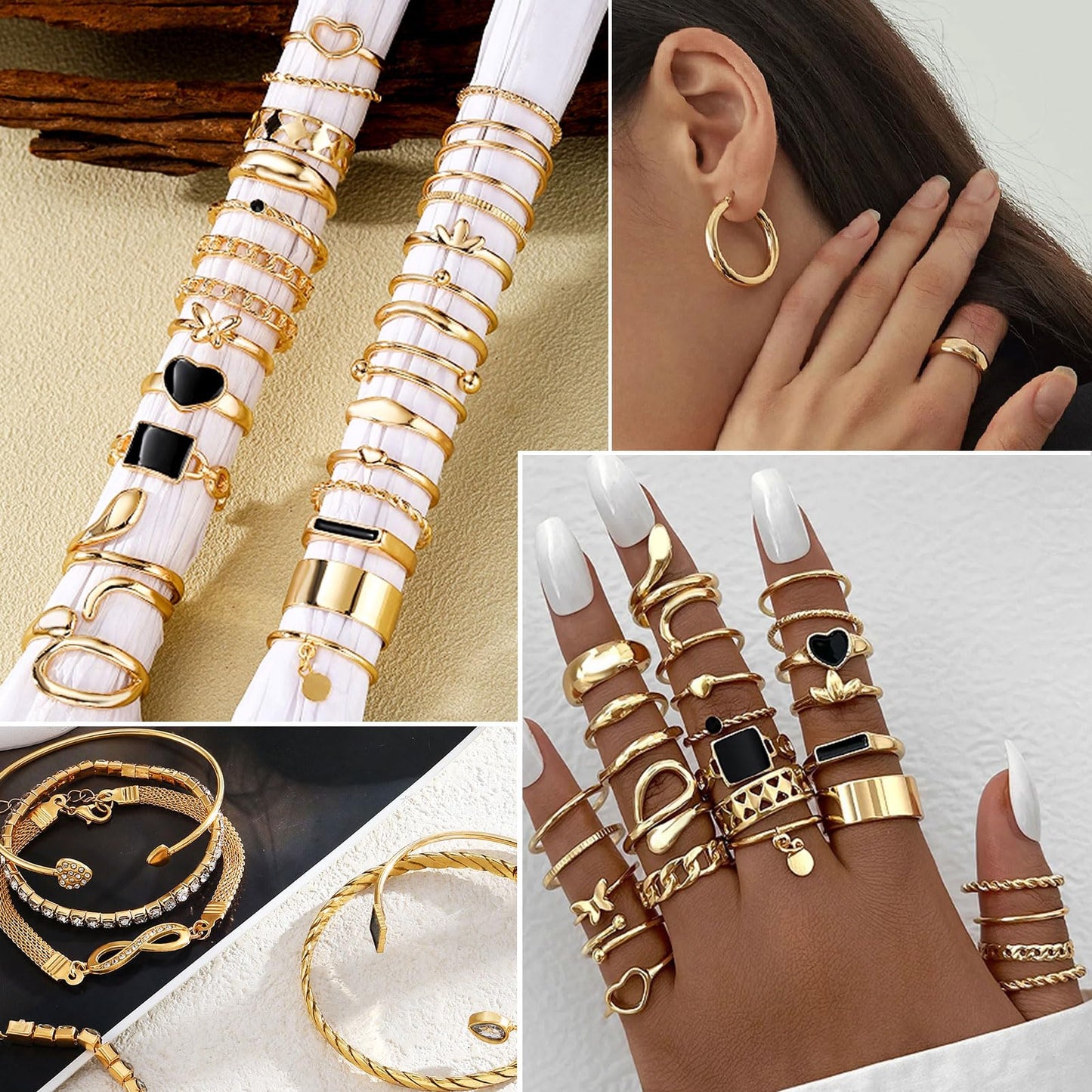 59 Pcs(8 Pack) Gold Plated Jewelry Set For Women With 8 Necklace 12 Bracelet 27 Ring 12 Pair Earring Hoop Simple Sparkle For Happy