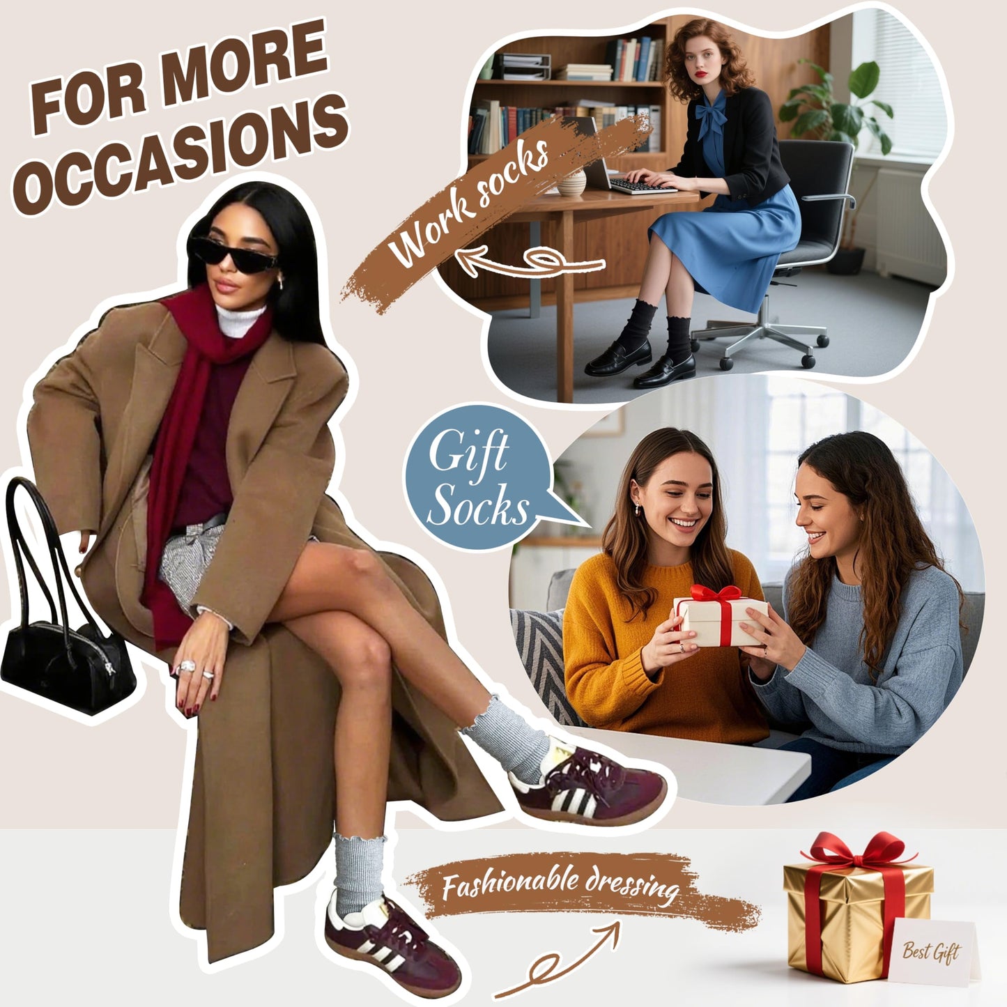 SAVALOS Thin Merino Wool Ruffle Boot Socks Warm Winter Cozy Frilly Soft Crew Work Gifts Socks for Womens 5 Pairs Stocking Stuffers(Striped-Grey,M)