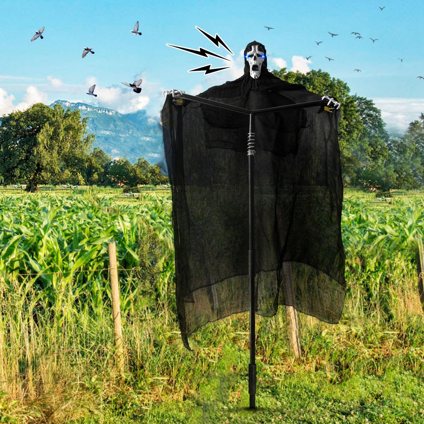 Flerigh Ghost Scarecrow Outdoor Bird Control with Glowing Eyes and Sounds, 2-in-1 Garden Scarecrow Halloween Decoys to Scarer Birds Away for Farm, Chicken Coop, House Protection