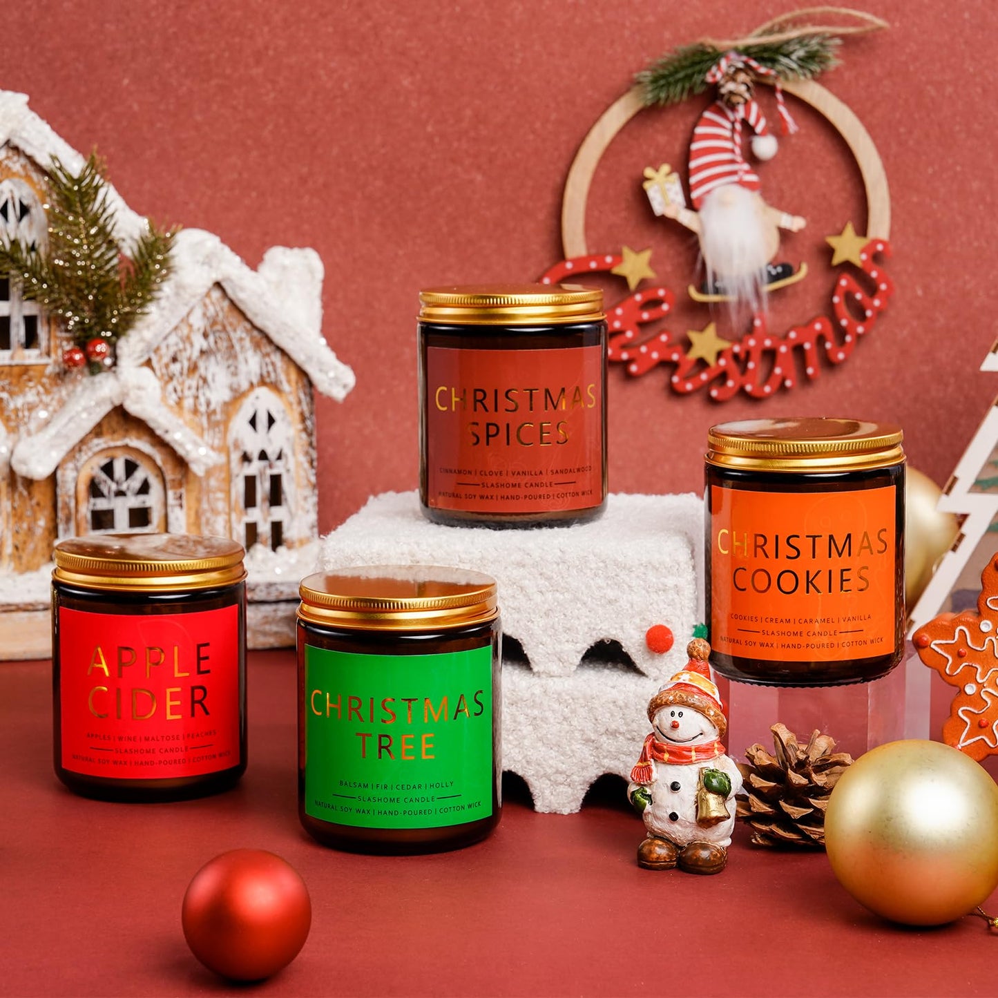 Christmas Candle Set | 4 Pack Scented Candles for Home | Holiday Gifts for Women & Men | Soy Candles with Scents of Christmas Tree, Cookies, Spices & Apple Cider