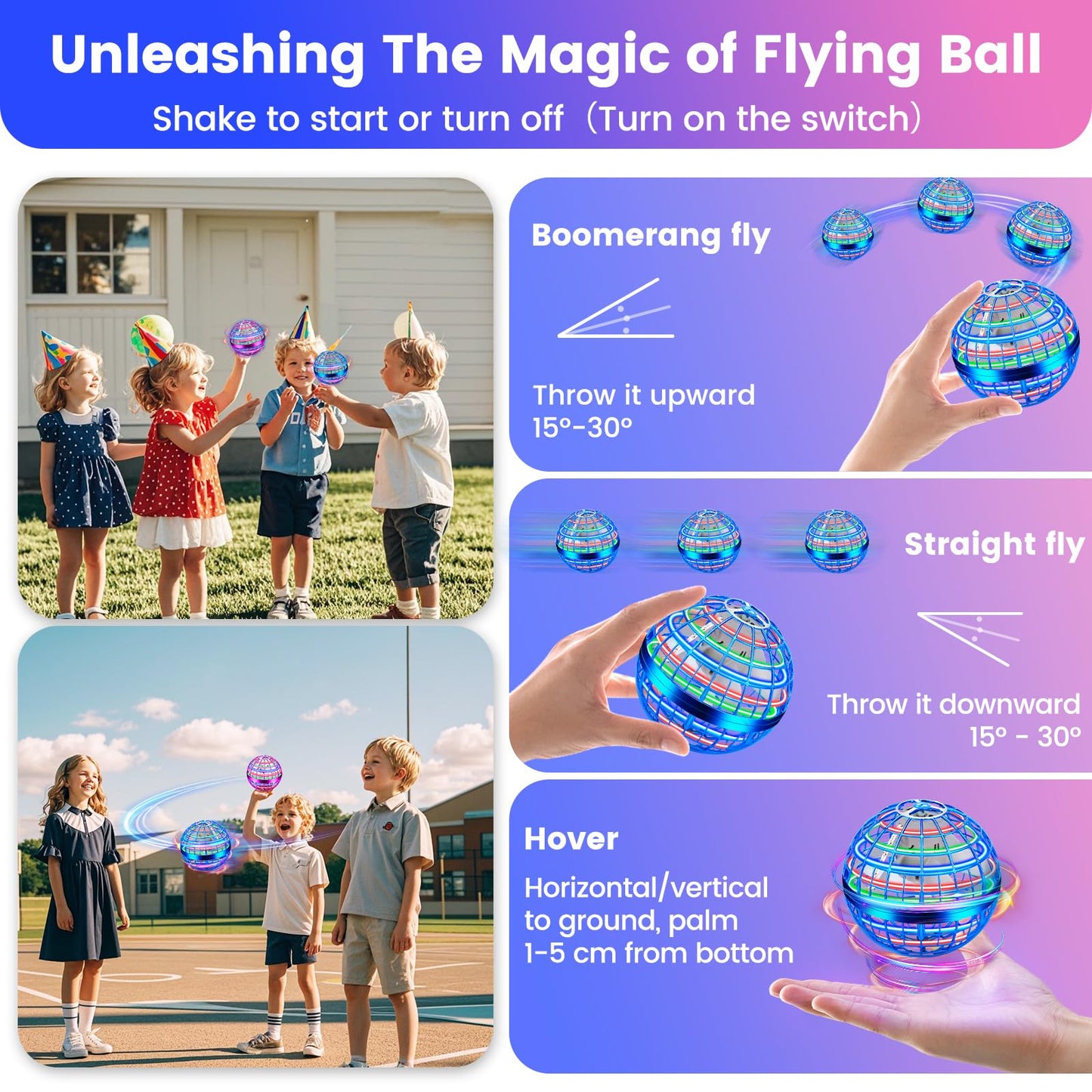 NWLAEWR Flying Orb Ball Toy, Hand Controlled Hover Ball with LED Lights, 360° Rotating Boomerang Globe, Mini Drone Spinner for Kids, Ideal Birthday & Festival Gift for Boys Girls, 2 Pack - Blue&Purple