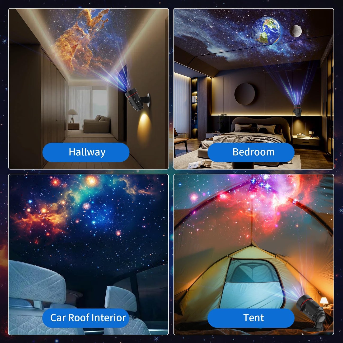 Galaxy Planetarium Projector, Starlight Headlines for Car with Rechargeable Battery Indoor Corridor LED Wall Light and Outdoor Camping, HD Image Adjustable Focus, 360° Rotation