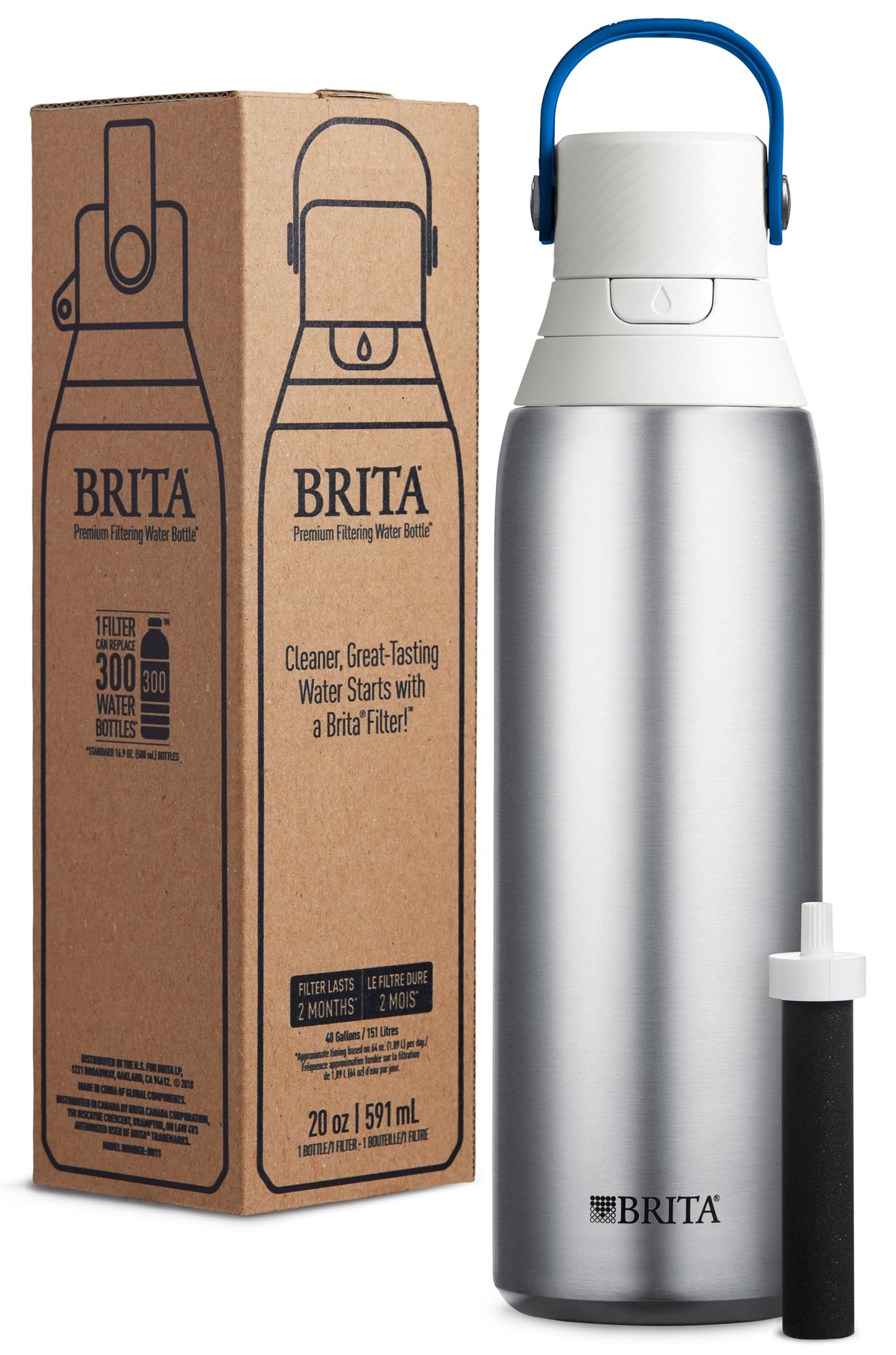 Brita Insulated Filtered Water Bottle with Straw, Reusable, Christmas Gift and Stocking Stuffer For Men and Women, Stainless Steel Metal, 20 Ounce