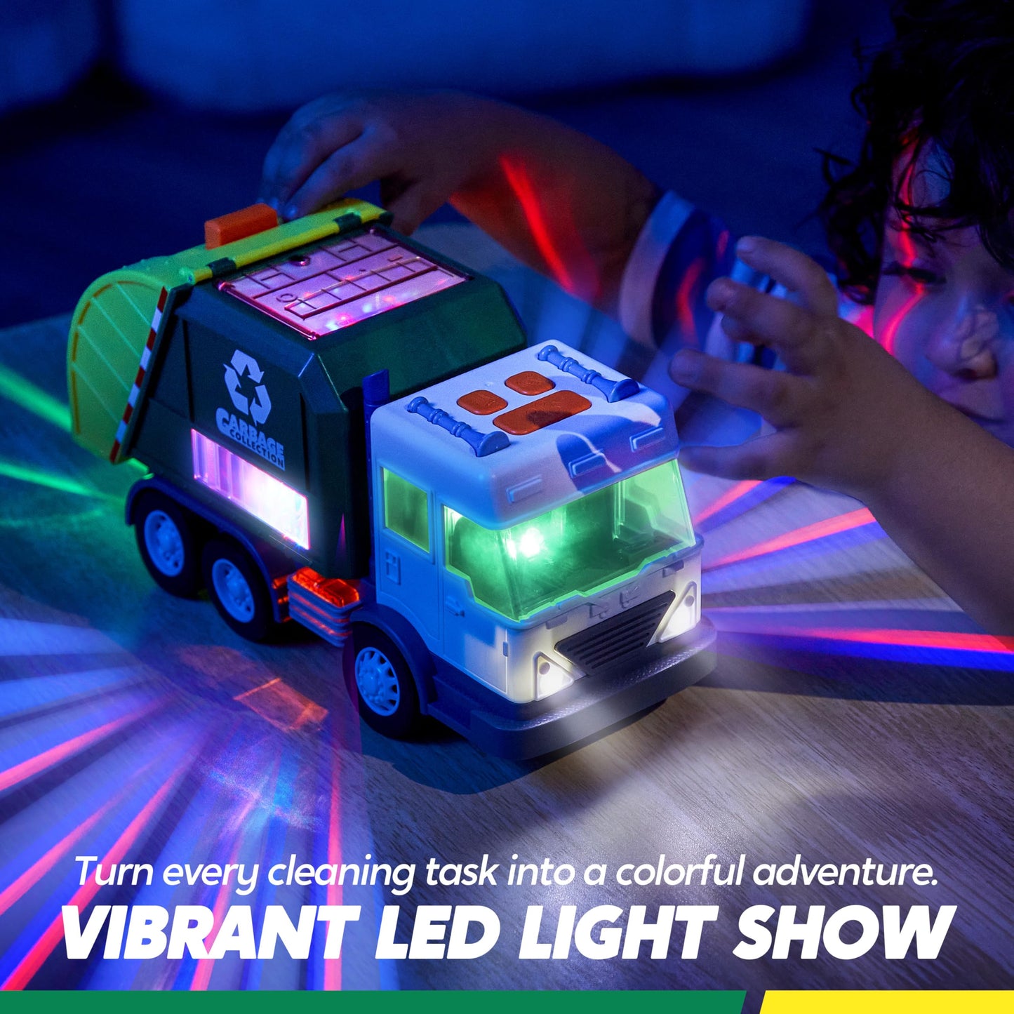 LED Garbage Truck Toy Set Includes Dumpster, Toy Truck with Mode Switch & Volume Control, Trash Vehicle with Lights and Sounds, Automatic Bump & Go Car