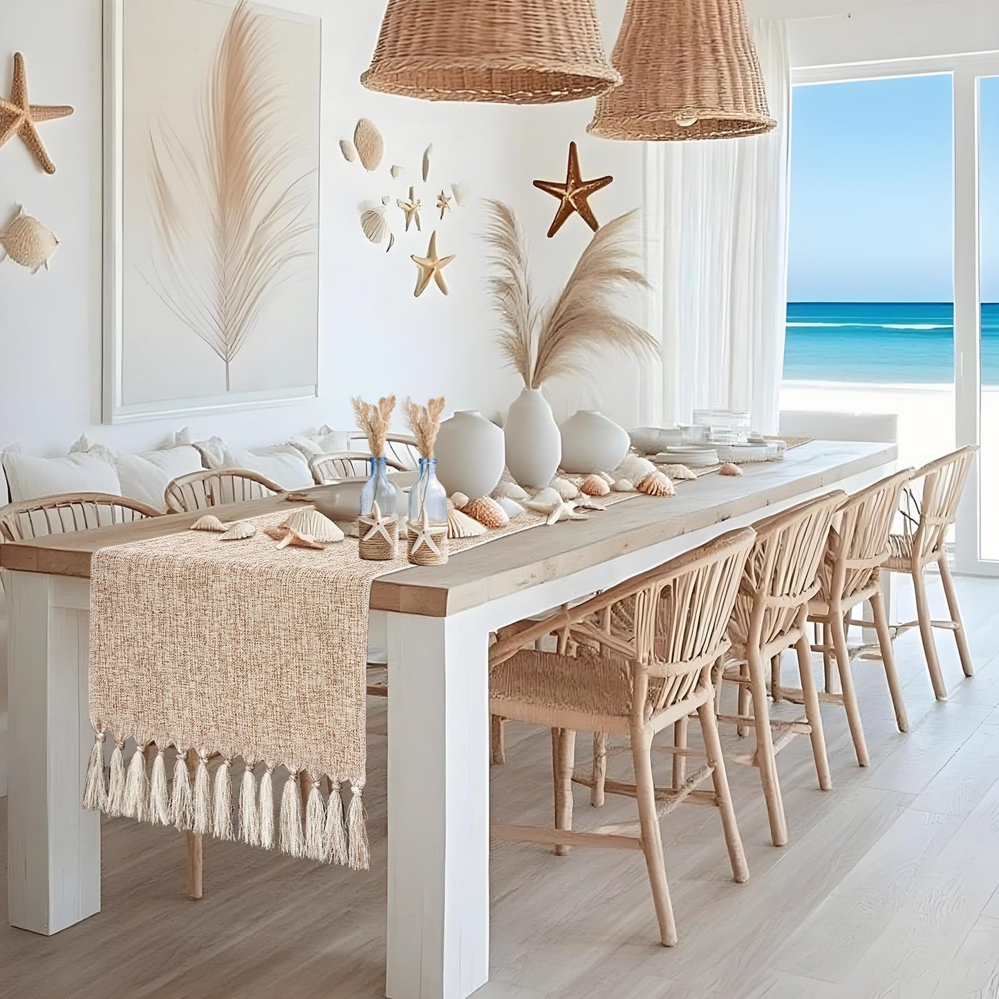 yuboo Boho Table Runner 108 inches Long, Rustic Farmhouse Dresser Runners for Bedroom, Dining Table, Summer Table Decor, Bridal Shower, Burlap Linen Table Runner (15x108 Tassels Included)