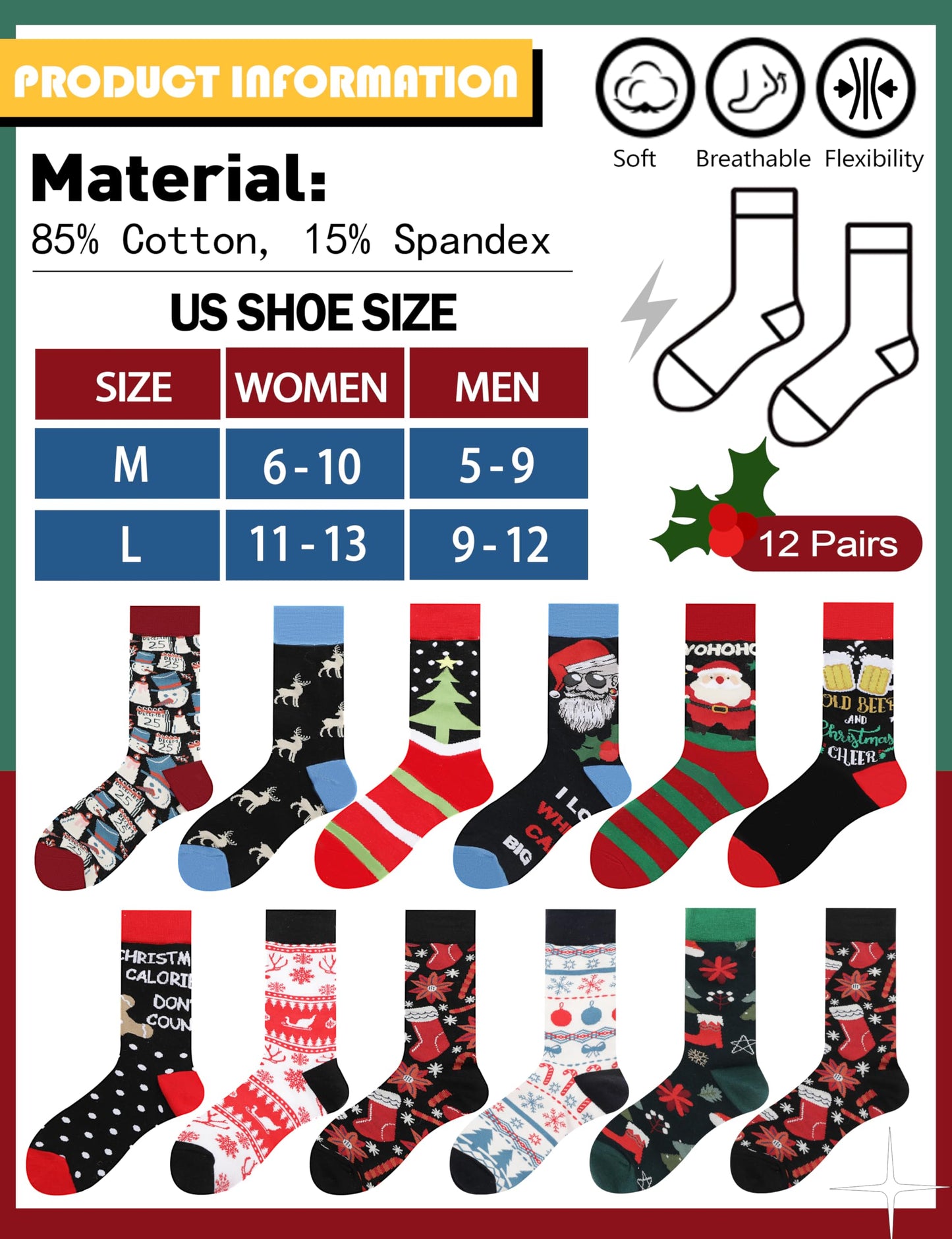 Funny Socks for Women Men Fun Cozy Crazy Cute Novelty Fashion Gift Breathable Cotton Boot Socks Stocking Stuffers(Christmas Style(12 Pairs),L)