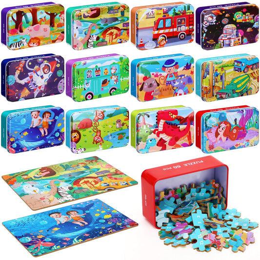 Silipull 12 Boxes Party Favors Jigsaw Puzzles in a Metal Box for Age of 4-8, Wooden Puzzle for Ages 4-8 Boys and Girls Learning Educational Jigsaw Pieces Toys, 12 Styles(Novel)