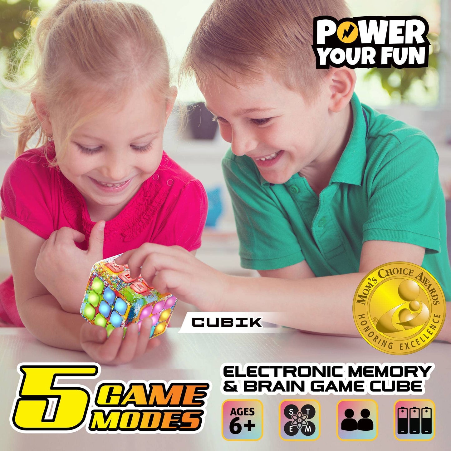Power Your Fun Cubik LED Flashing Cube Memory Game - Electronic Handheld Game, 5 Brain Memory Games for Kids STEM Sensory Toys Brain Play Puzzle Fidget Light Up Cube Stress Relief Fidget Toy (Tie Dye)
