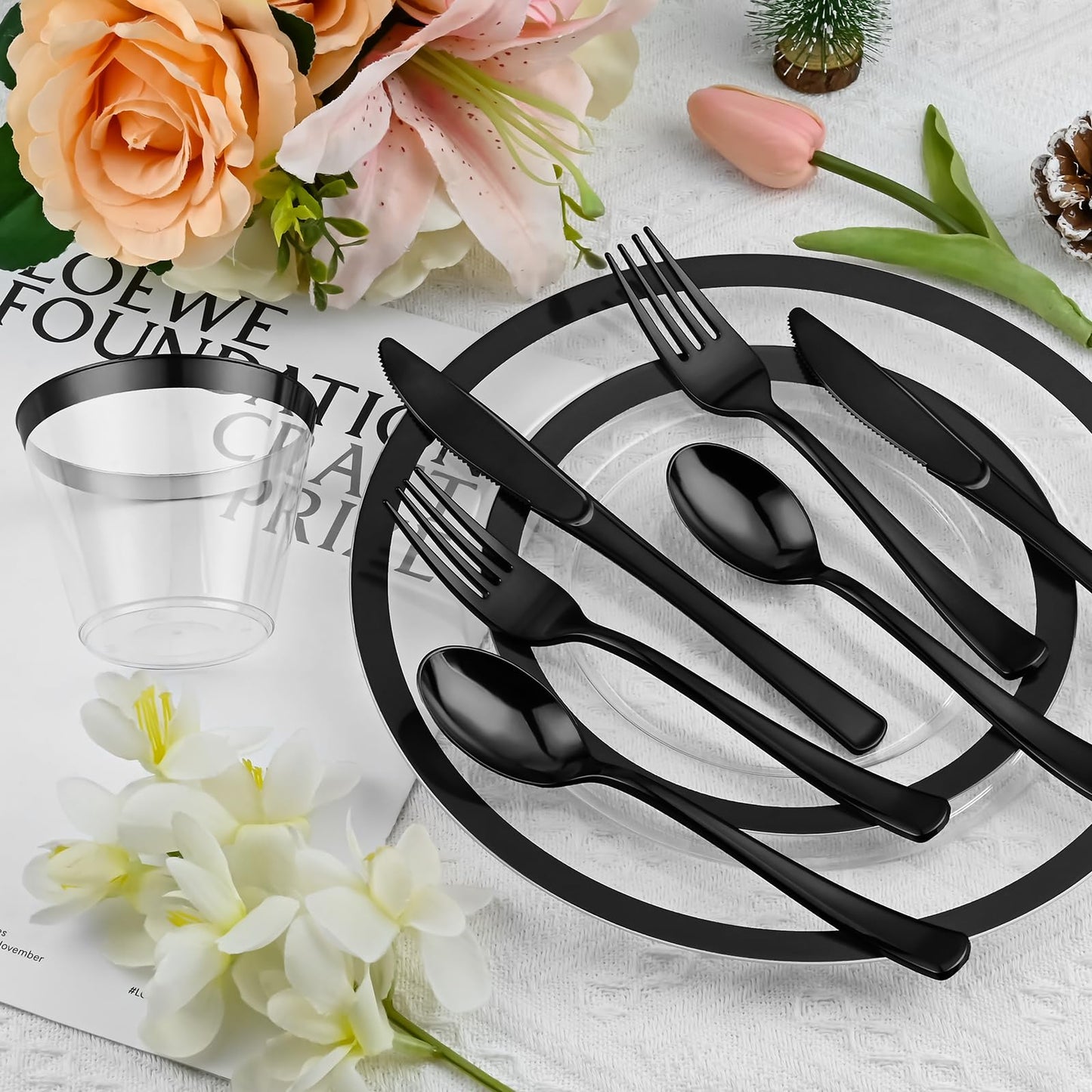 210 Pcs Black Plastic Dinnerware Set for 30 Guests - Includes 30set of Dinner Plates, Dessert Plates, Clear Plastic Cups, and Black Pre-Rolled Napkins with Cutlery Set, Disposable Party Supplies