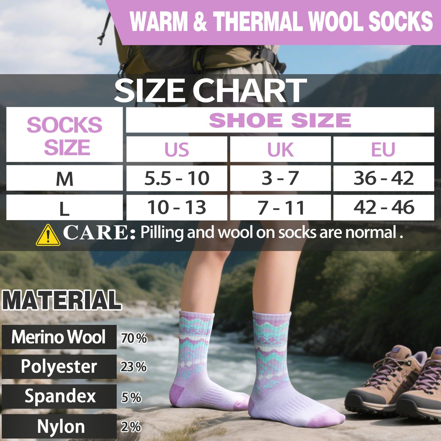 EBMORE Womens Merino Wool Hiking Socks Thermal Warm Winter Nordic Cushion Crew Work Boot Gift Socks Stocking Stuffers 5 Pairs(Nordic,L)
