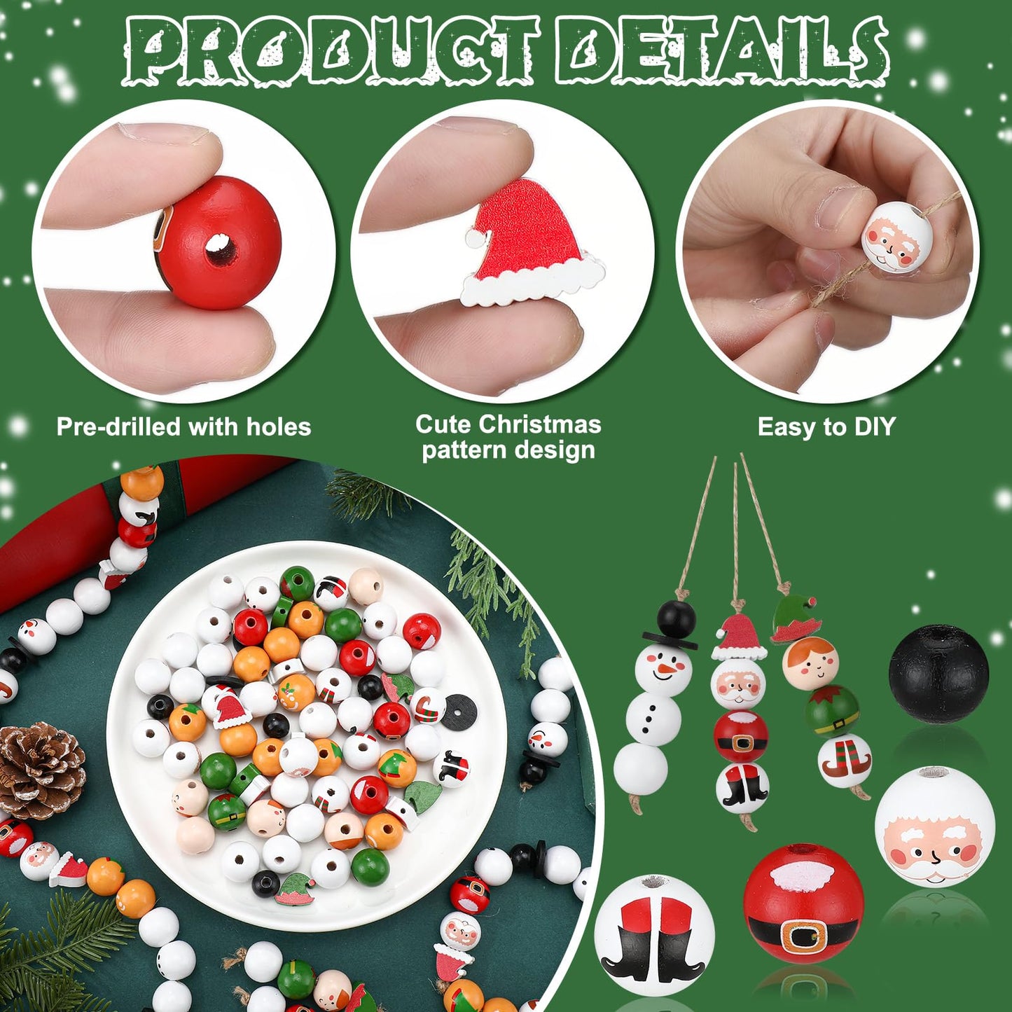 Suzile 150 Pcs Christmas Wood Beads with Twine Xmas Santa Gingerbread Man Snowman Elf Wooden Bead Farmhouse Rustic Round Wooden Beads for Crafts DIY Christmas Winter Party Supplies Decor Ornaments