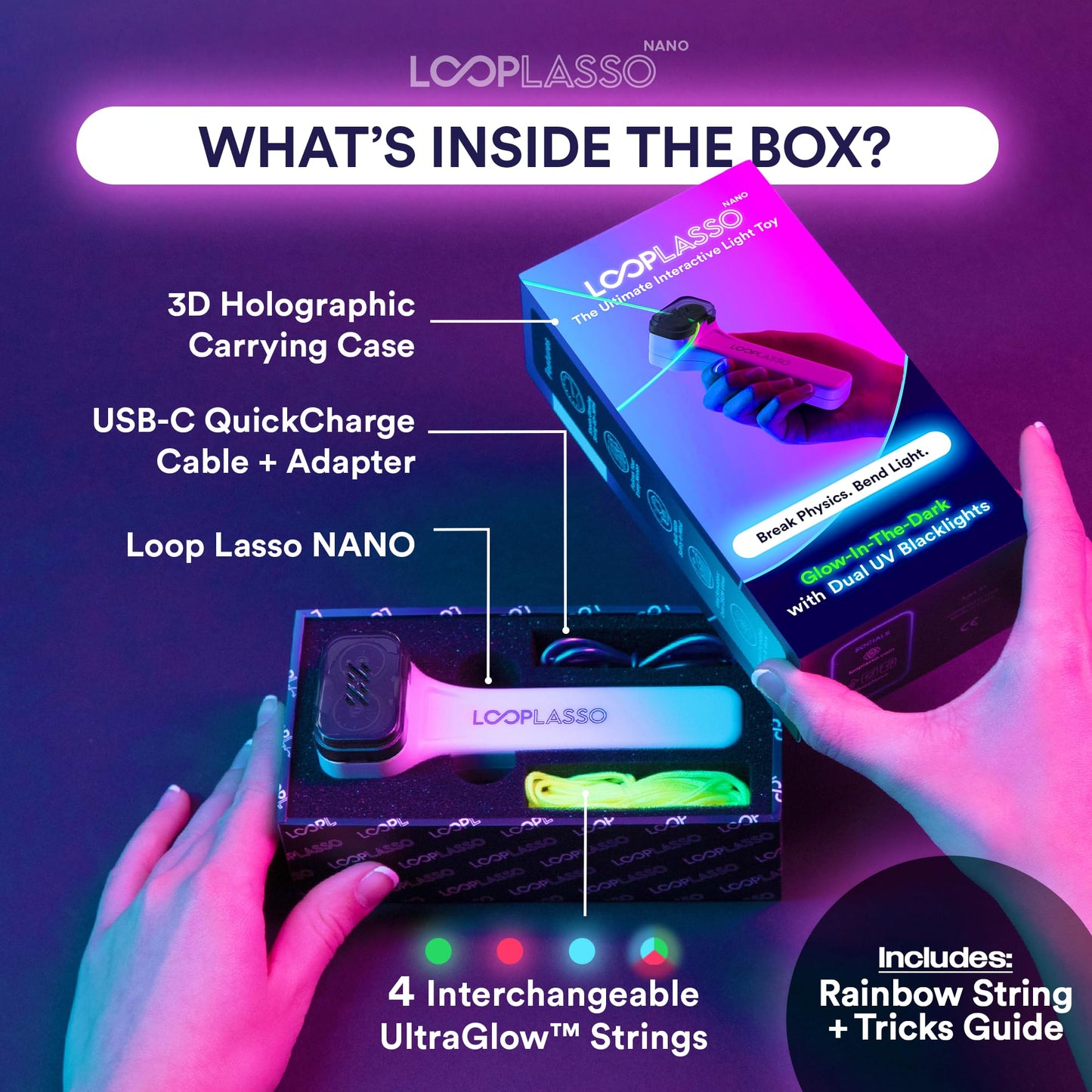 Loop Lasso NANO Glow in the Dark Rave Toys with Built-in UV Blacklight - Interactive Rope Launcher STEM Toy - Viral Flow and String Shooter Toy for Kids and Adults