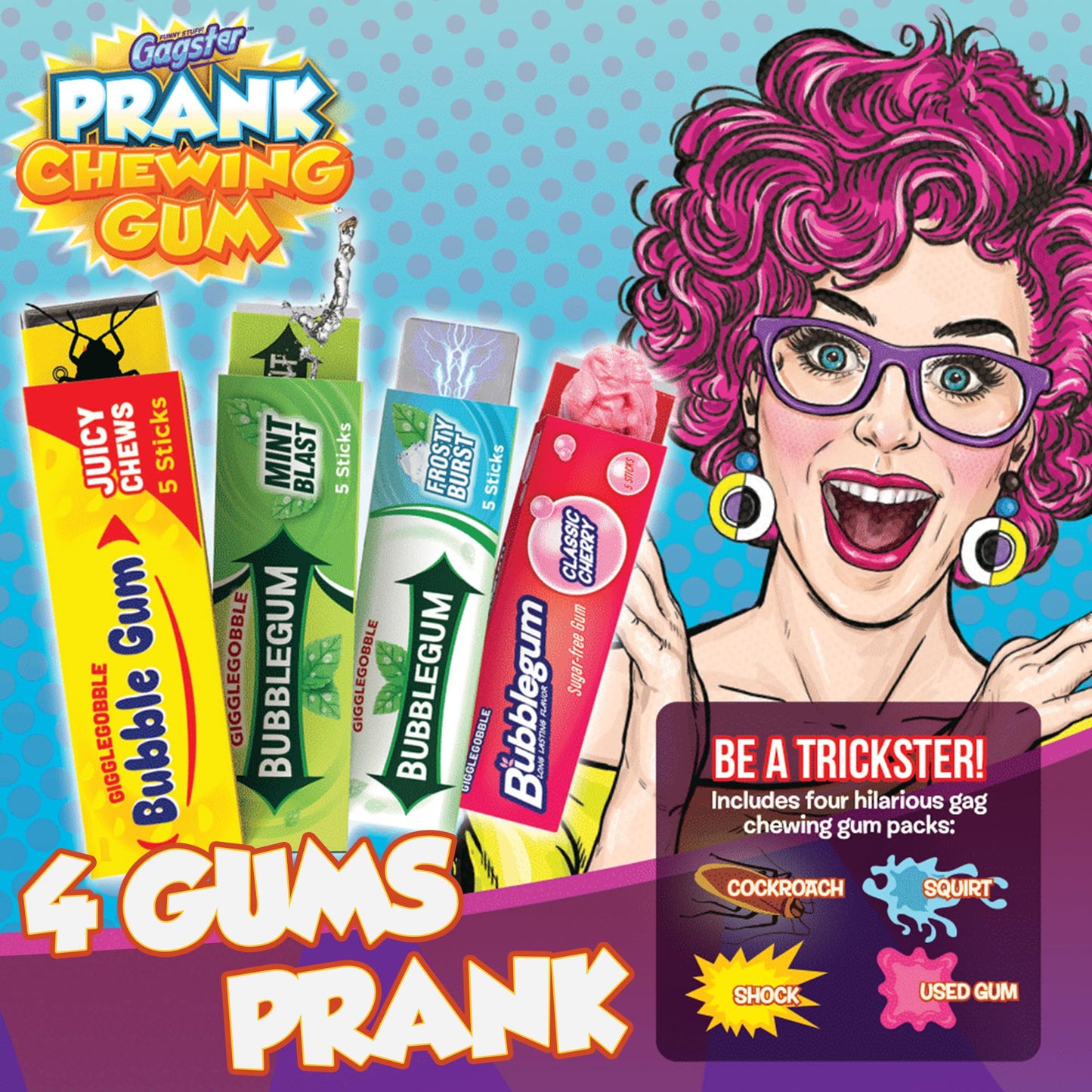Gagster 4-in-1 Prank Chewing Gum Set – Shocking, Water Squirt, Cockroach Snapping, Fake Chewed Gum, Gag Gifts for Kids Adults, Work Pranks, April Fools, Practical Joke Toys Kit