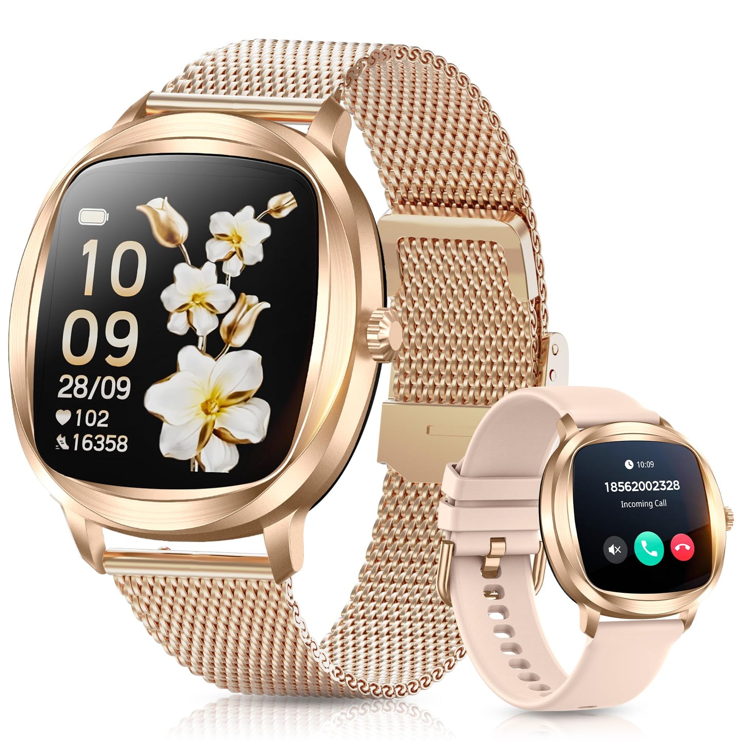 GLPYR Women's 2pc Band Sports Watch/Smart Watch 1.72" Fitness Tracker with Heart Rate Monitor, 100+ Sports Modes, Sleep Tracking, 7-Day Battery, IP68 Waterproof (Gold)