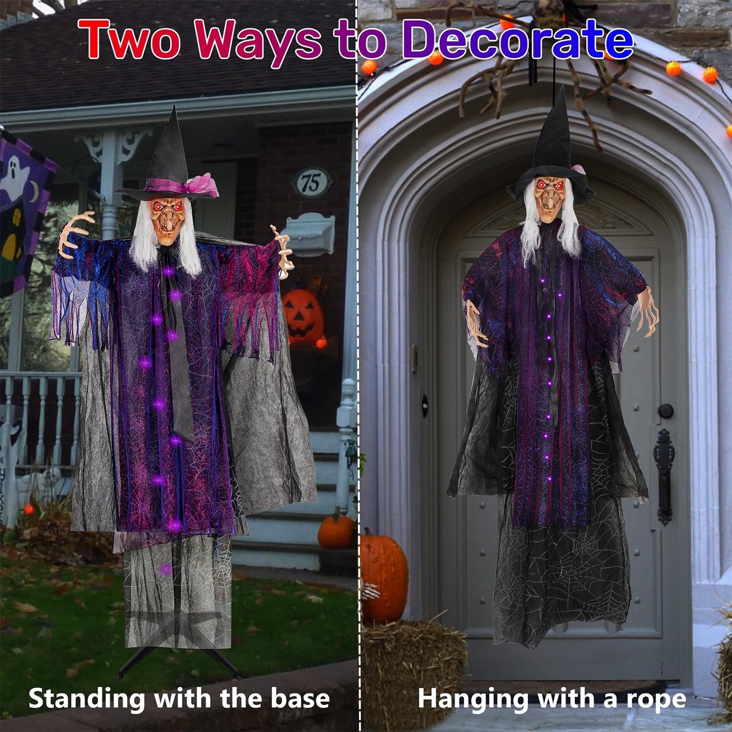 yosager 6FT Halloween Standing Witch with Scary Sound Effect & Red Eyes, Life Size Animated Scream Witch with Base, Halloween Haunted House Scary Props, Theme Park Horror Layout Party Decoration
