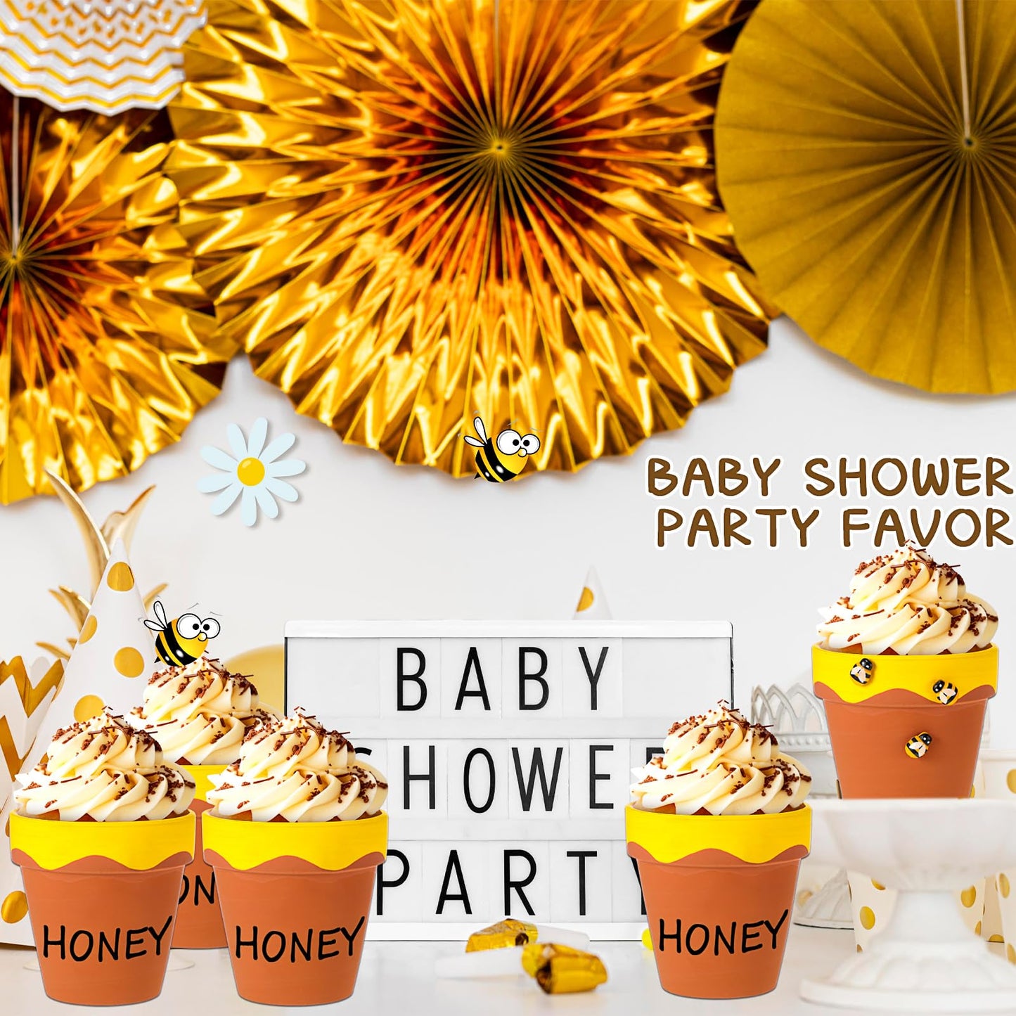 Leinuosen 24 Pcs Honey Bee Pot, 3 Inch Honey Jars for Cupcake, Planter, Bee Themed Party Favors for Baby Shower 1st Birthday Party Supplies and Wedding Gifts (Yellow and Brown)