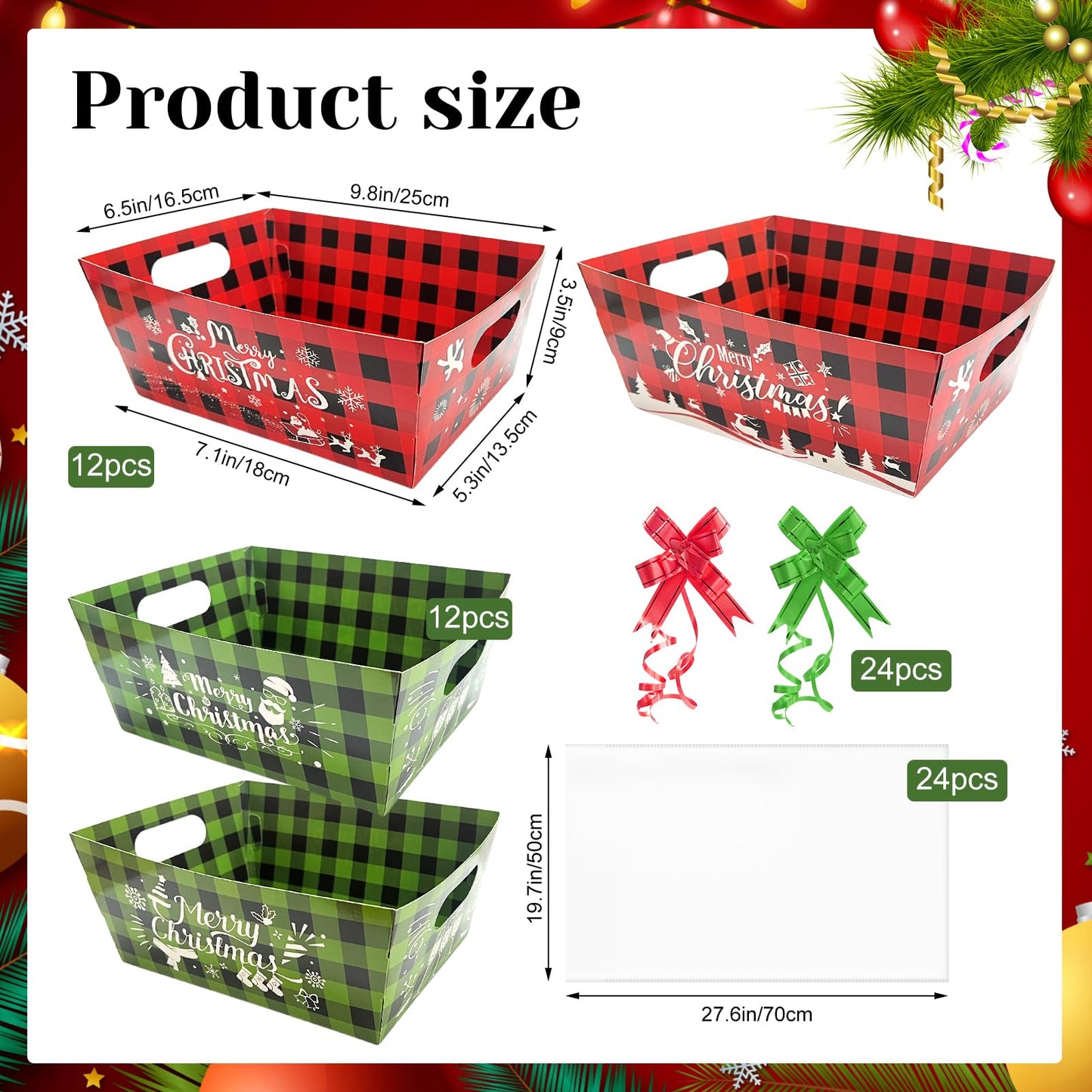 CIEOVO 24 Set Christmas Party Baskets with Cellophane, Bows, Market Tray for Christmas Xmas Holiday Party Decor