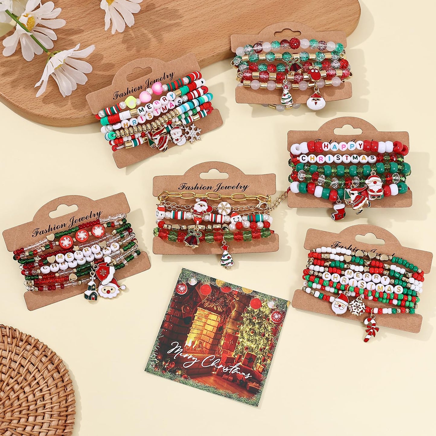 Cooluckday 36Pcs Christmas Bracelets Bulk Christmas Gifts for Women Christmas Friendship Bracelets Xmas Snowflake Snowman Bell Santa Claus Bracelets Stretch Bracelets as Party Gifts Bag Filler