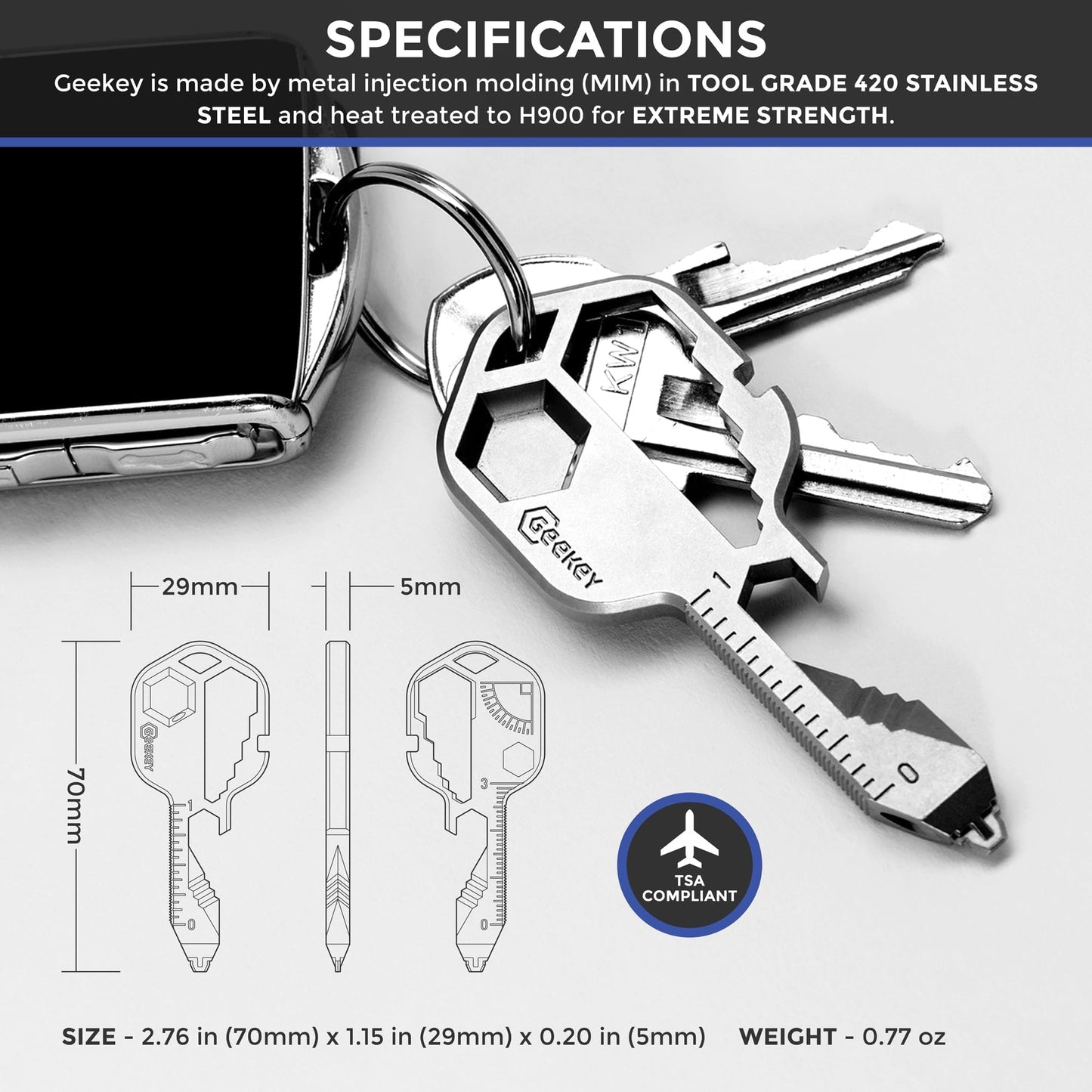 Geekey Keychain Multitool – EDC Tool with 16+ Functions | Small Bottle Opener keychain with Screwdriver, Wrench, and Box Cutter for Travel, Outdoor, and Everyday Use – TSA Safe