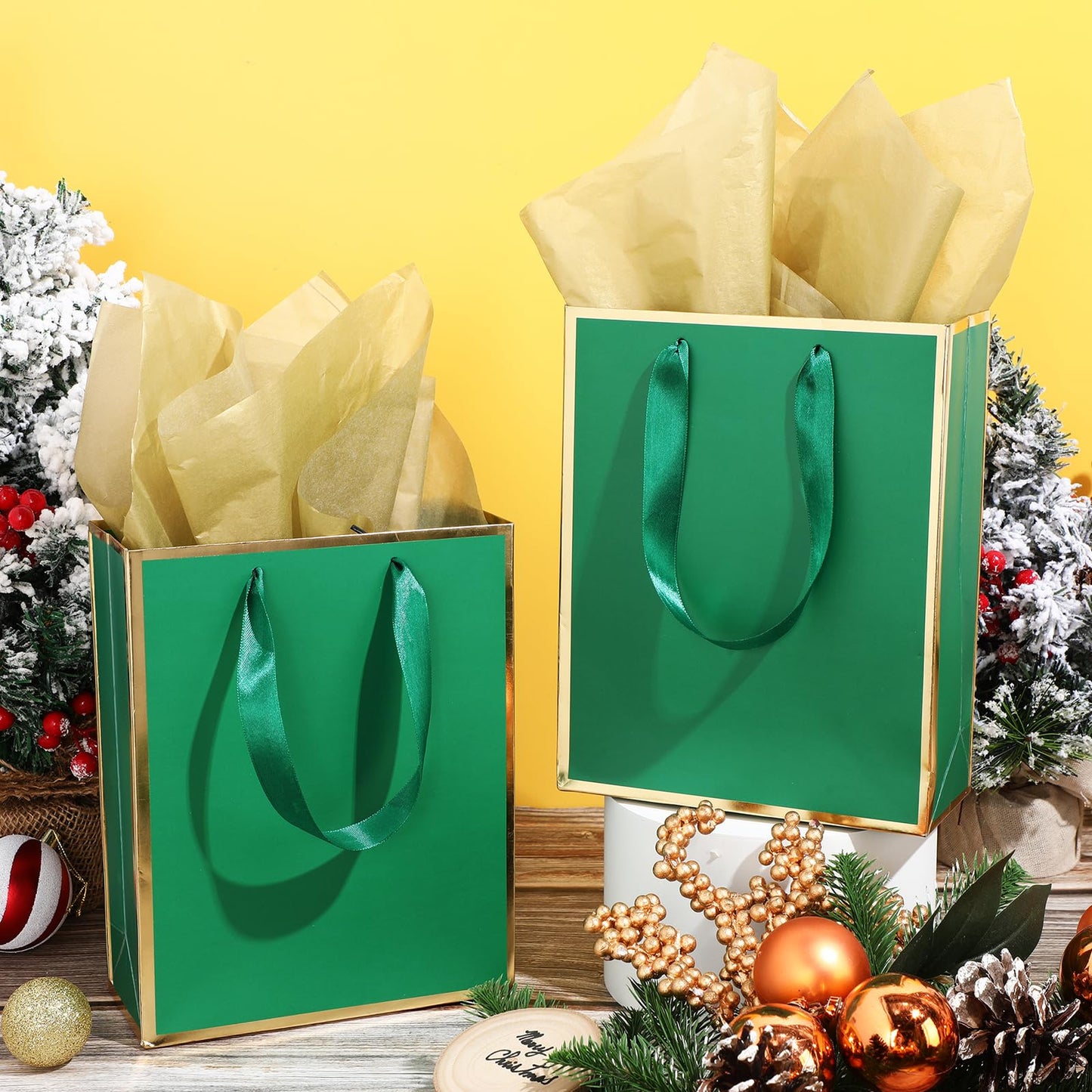 Yeaqee 24 Pack Metallic Paper Gift Bags with Handle and Tissue 9x7x3.1 Gold Foil Welcome Favor Bags Return Gifts for Wedding Fall 5 Senses Christmas Bridesmaid Birthday(Green Gold)