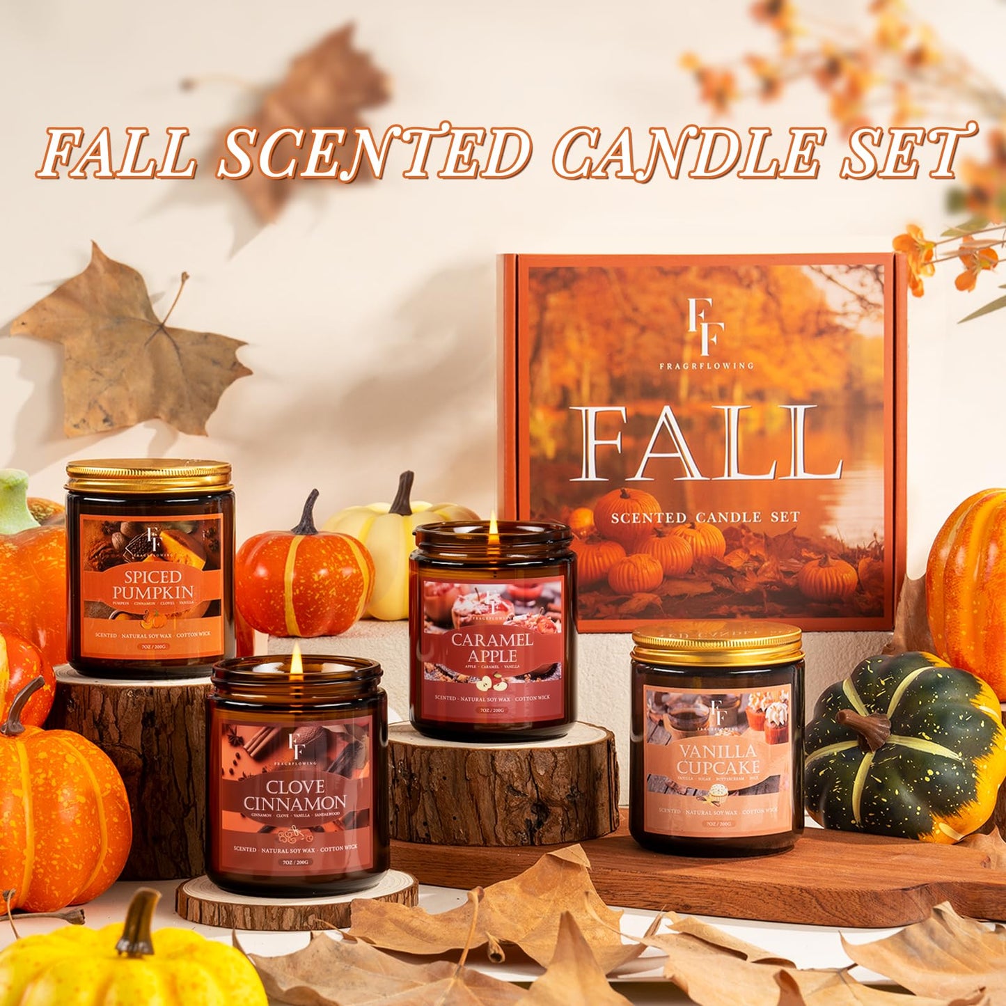 Fall Candles Set, 4 Pack Candles for Home Scented Natural Soy Wax, Autumn Gifts Set for Women Men, Fall Fragrance of Pumpkin/Cinnamon/Vanilla Cupcake/Apple