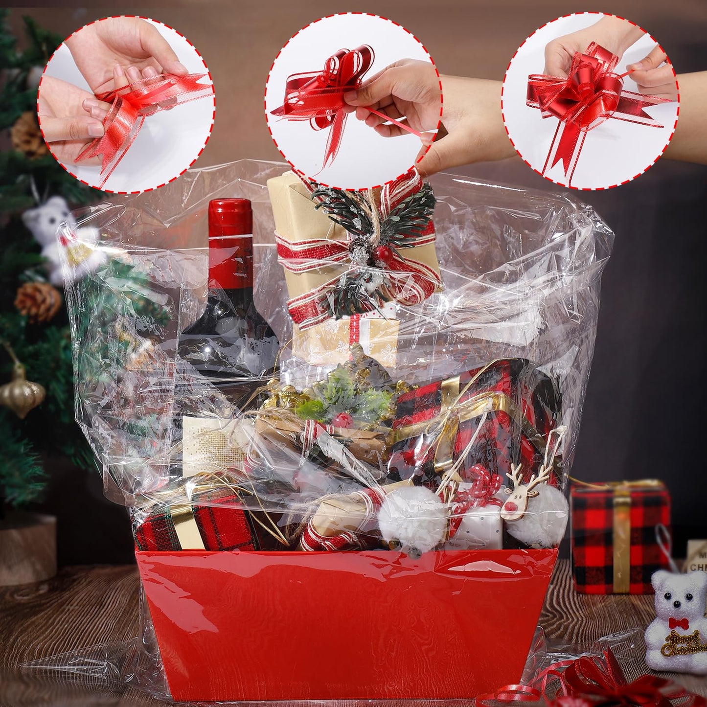 MADHOLLY 6Set Baskets for Gifts Empty- Sturdy Kraft Gift Basket Kit with Cellophane Wrap and Pull Bows for Valentine's Day Anniversary Wedding Holiday Gift Celebration Wrapping, Red