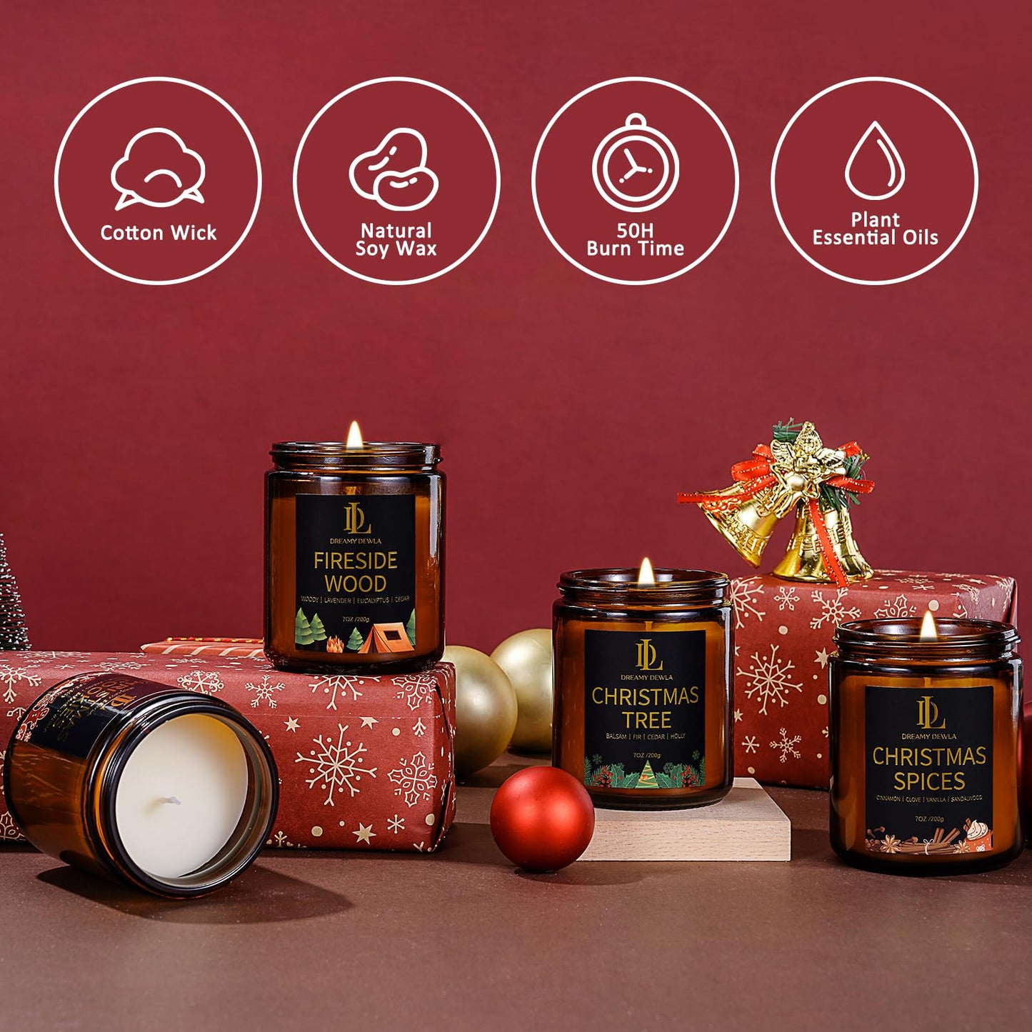 Holiday Candle Set, Winter Scented Candle, 4 Pack Soy Candles for Home Scented, Holiday Candles Gifts for Women Men, Winter Scents of Christmas Tree/Cookies/Spices/Fireside Wood