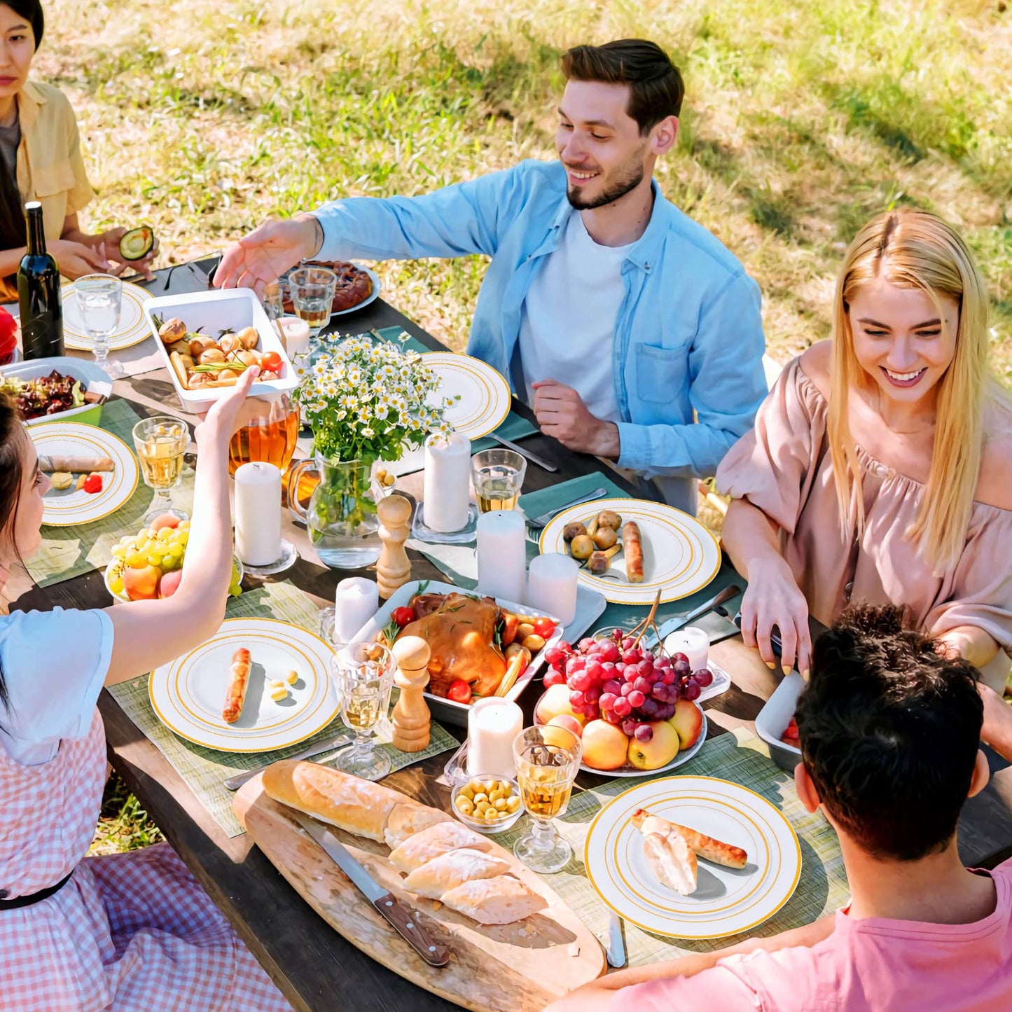 M MCIRCO 175 Piece Gold Dinnerware Set - 50 Plates - 25 Silverware - 25 Cups - 25 Paper Napkins, 25 Guest Disposable Gold Dinnerware Set