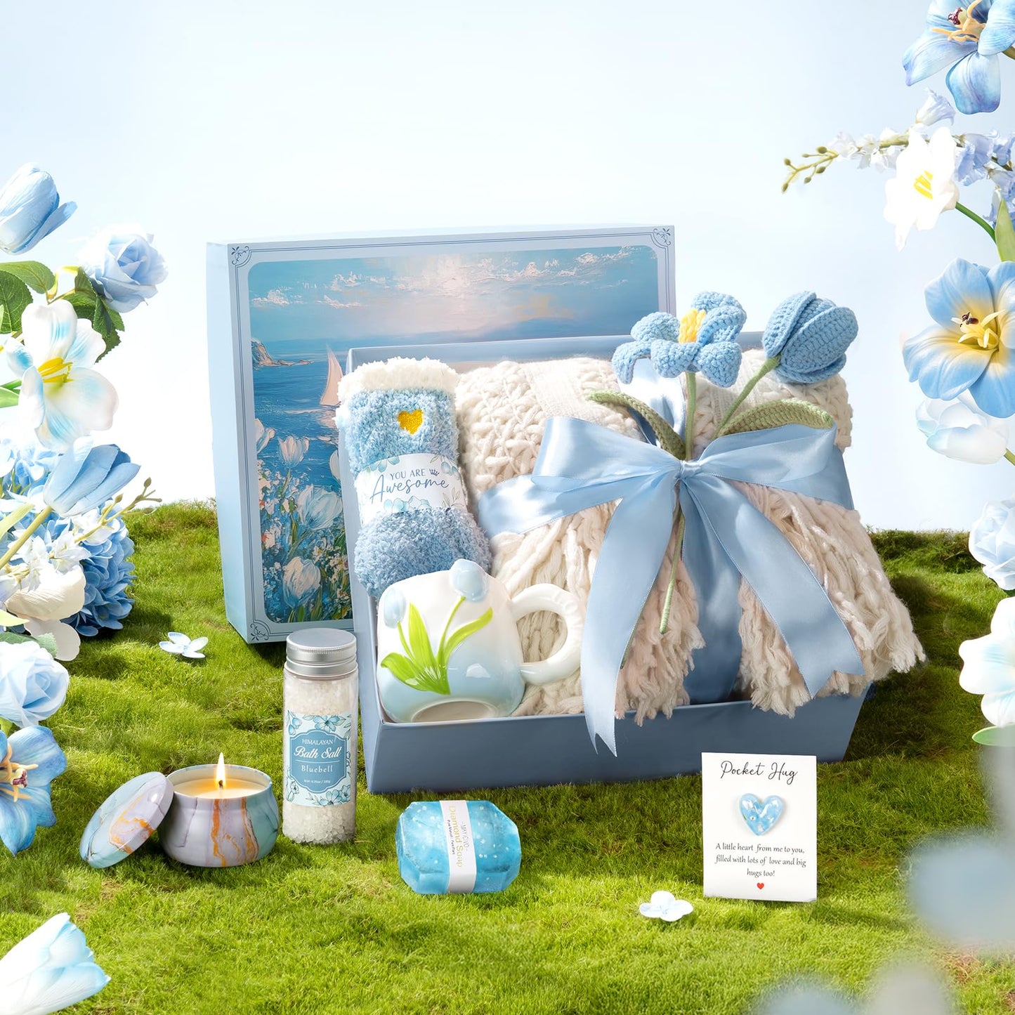 Birthday Gifts for Women Self Care Set Get Well Soon Gift Baskets, Relaxing Bluebell Spa Gift Basket Care Package for Women, Unique Xmas Gifts for Mom Her Girlfriend Sister Friend Wife Grandma