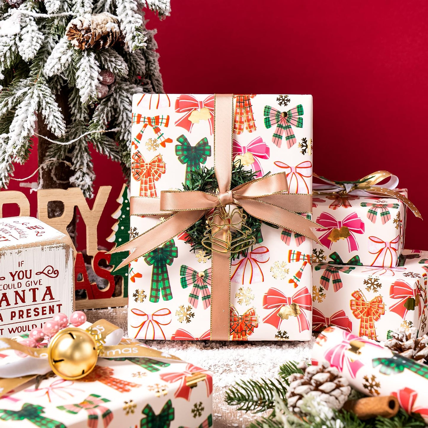 WRAPAHOLIC 30 Inch Jumbo Bow Christmas Wrapping Paper - Mini Roll - 17 Inch x 16.5 Feet - Gold Foil Snoflakes and Plaid Bow Wrapping Paper for Girl Boy Kids, Christmas, Holiday