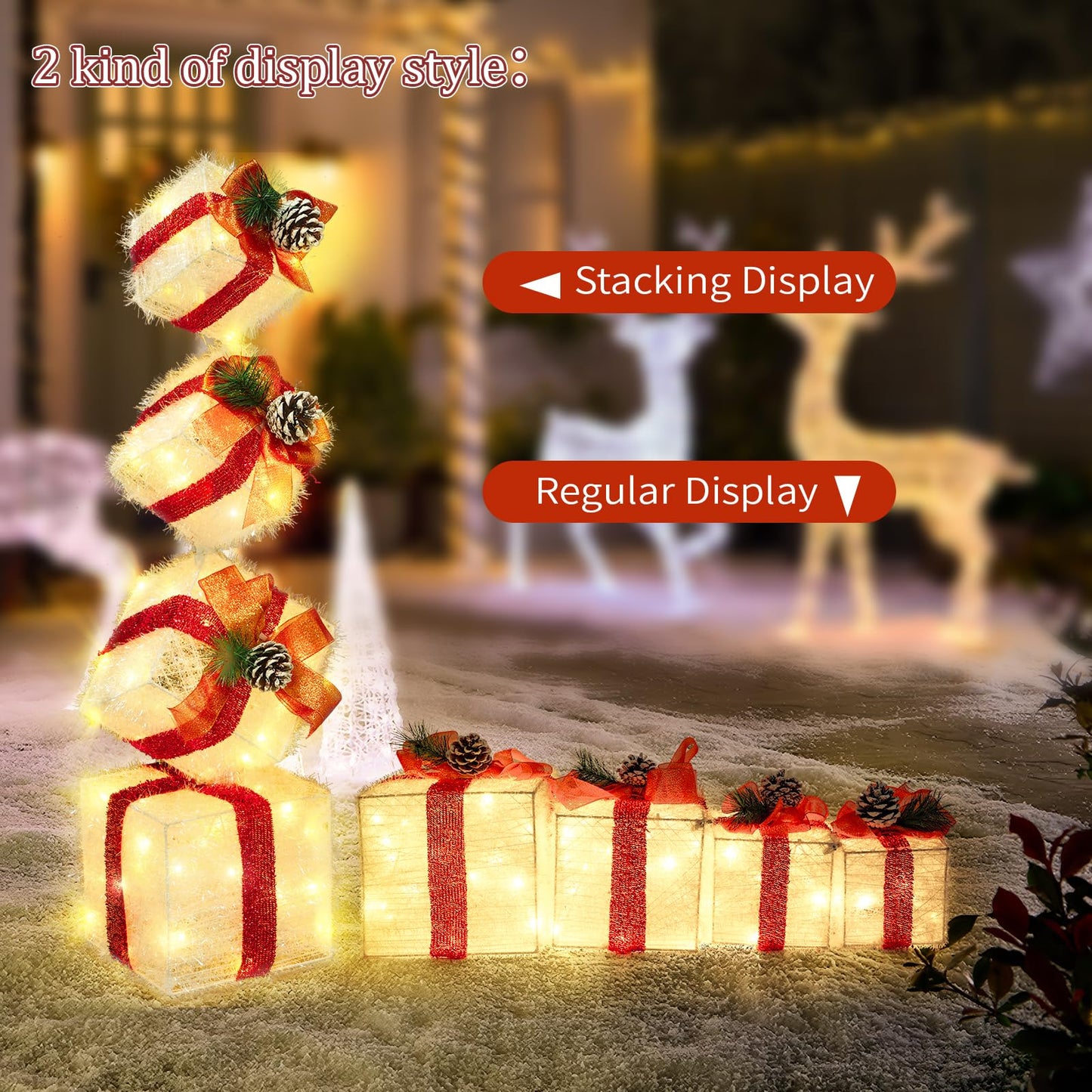 COVFEVER Christmas Lighted Gift Boxes Decorations Set of 4, 3.6Ft Stackable Christmas Nesting Boxes Battery Operated for Home and Party Decoration (10"-8"-6"-5", Red Bow)