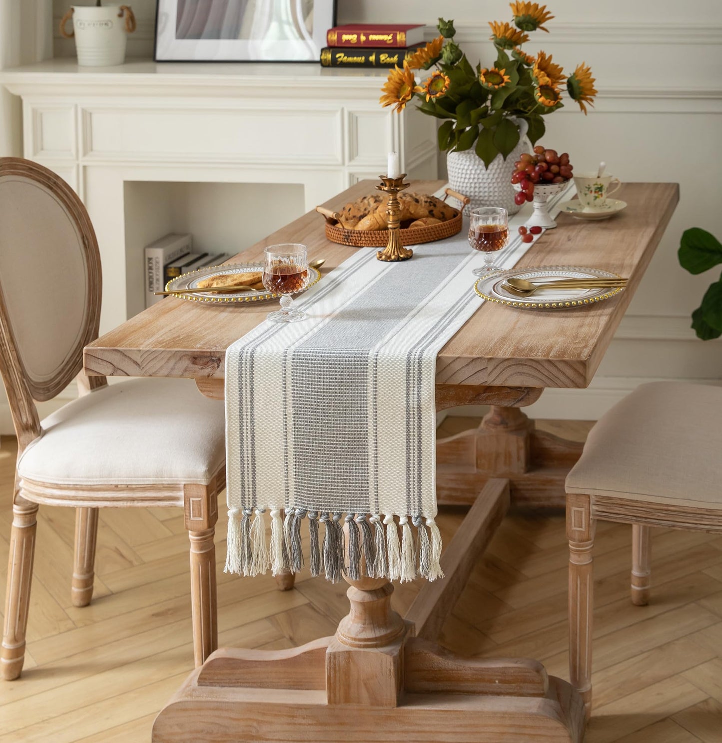 Caflife Boho Table Runner Grey Stripe for Modern Farmhouse Coffee Table Decor, Rustic Woven Runner with Handcrafted Tassels for Home Dining Table décor 13 x 72 Inch Long Visit The Store