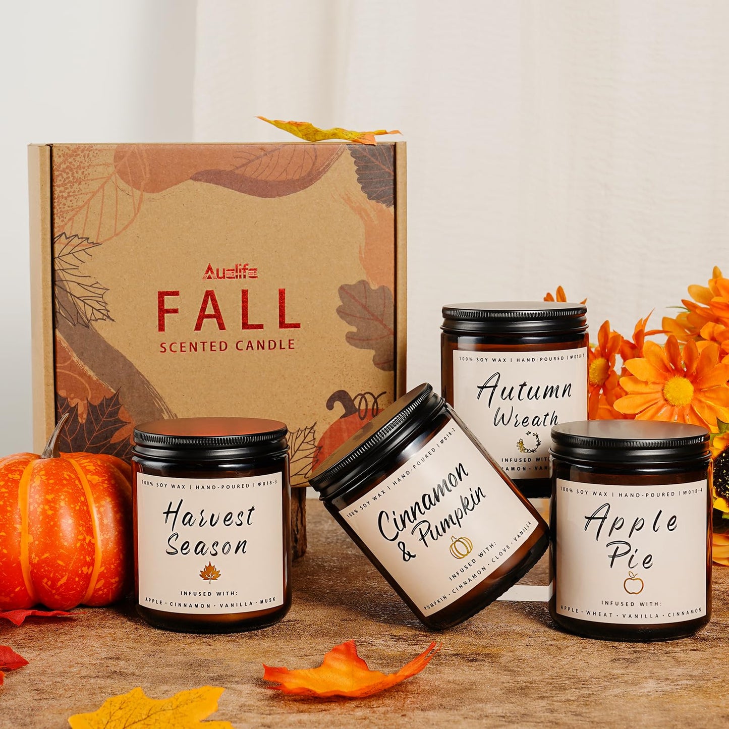 Fall Candles | 4 Pack Scented Candles, Soy Wax Candle Gifts for Women Men, Autumn Candle Home Scented, Fall Gift for Home Decor - Apple Pie/Cinnamon/Harvest/Wreath
