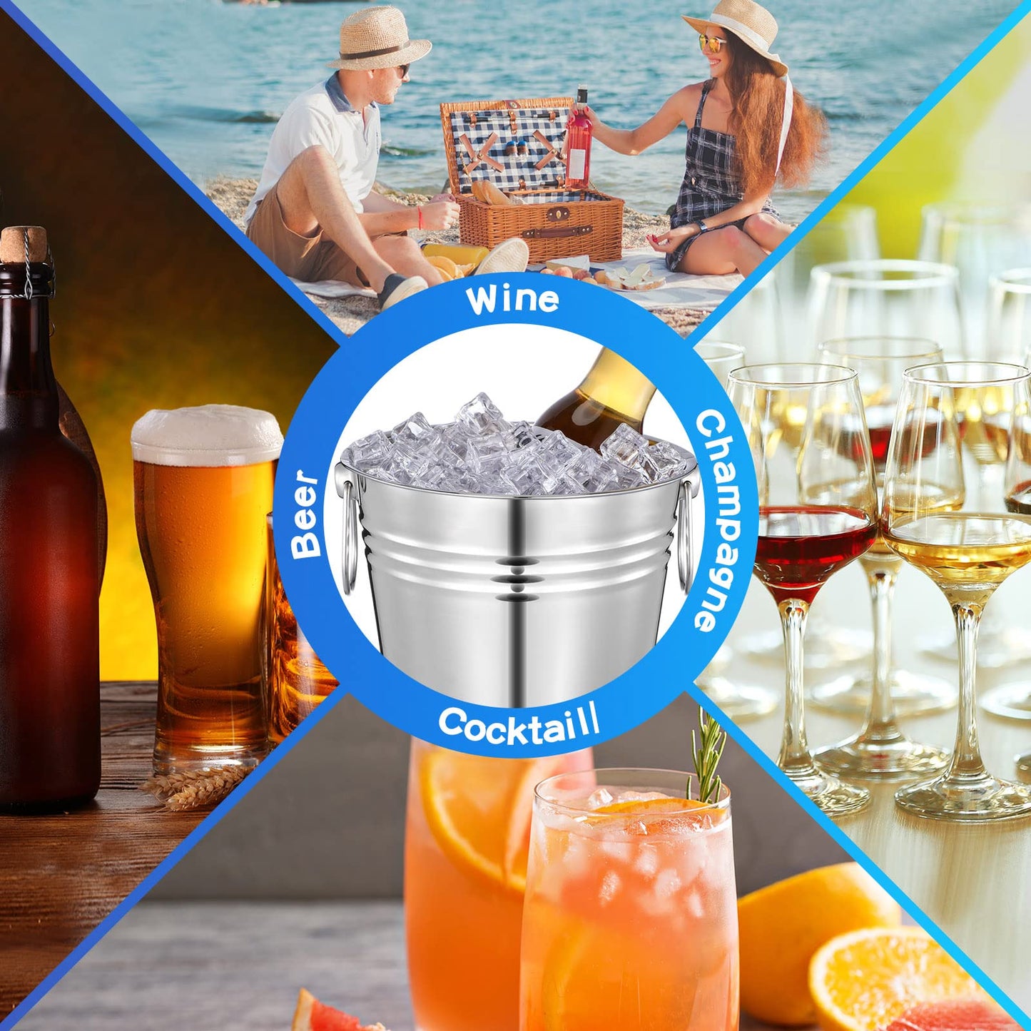 Mumufy 10 Pack Champagne Ice Buckets Stainless Steel Ice Bucket with Handles Party Wine Bucket Beverage Chiller Beer Cooler Bucket for Home Bar Club Party Supplies, 3 L/ 3.3 Qt(Silver)