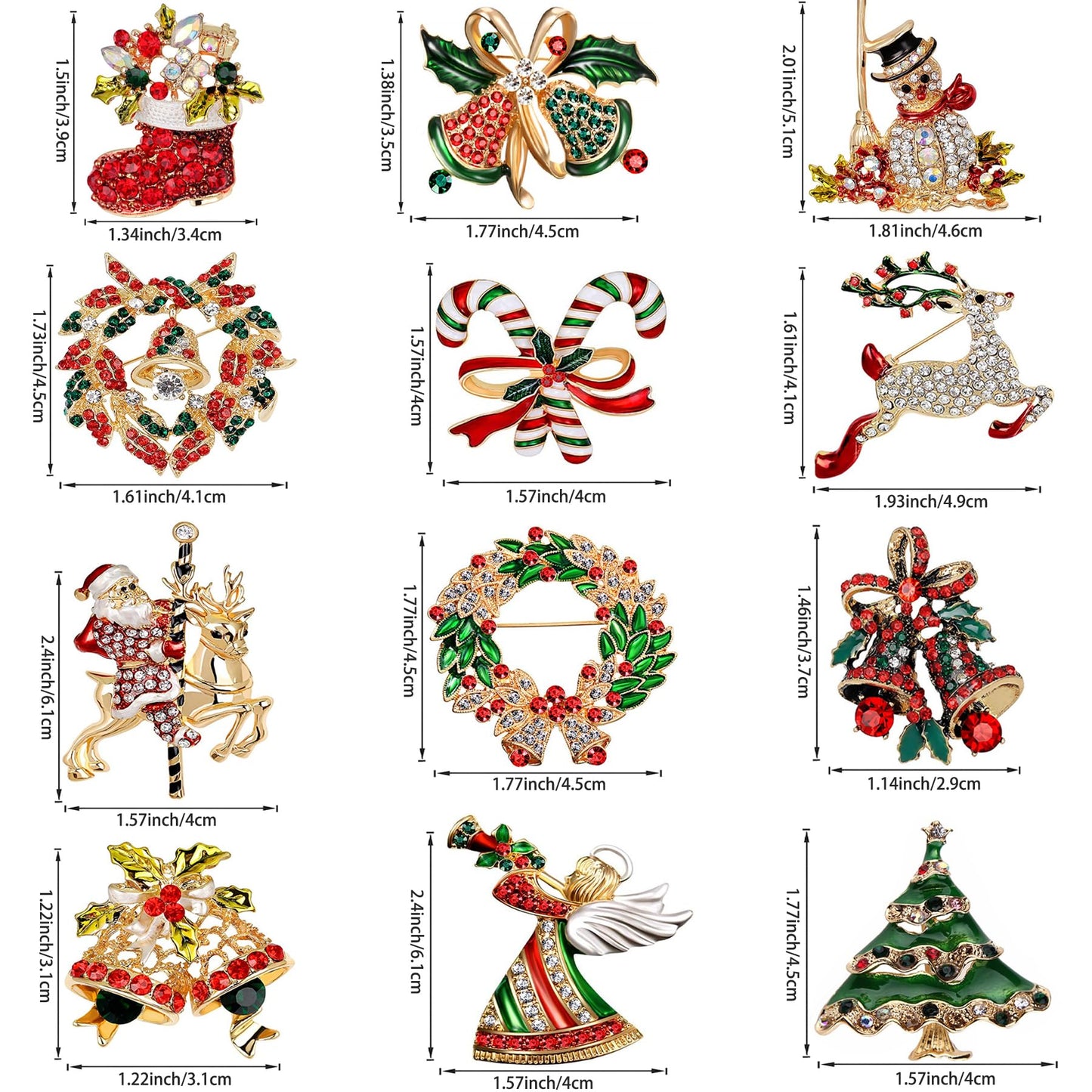 12 Pcs Christmas Brooch Pins Set for Women - Rhinestone Crystal Christmas Tree Wreath Snowman Reindeer Ornament Jewelry Pins Gift (Style-1)