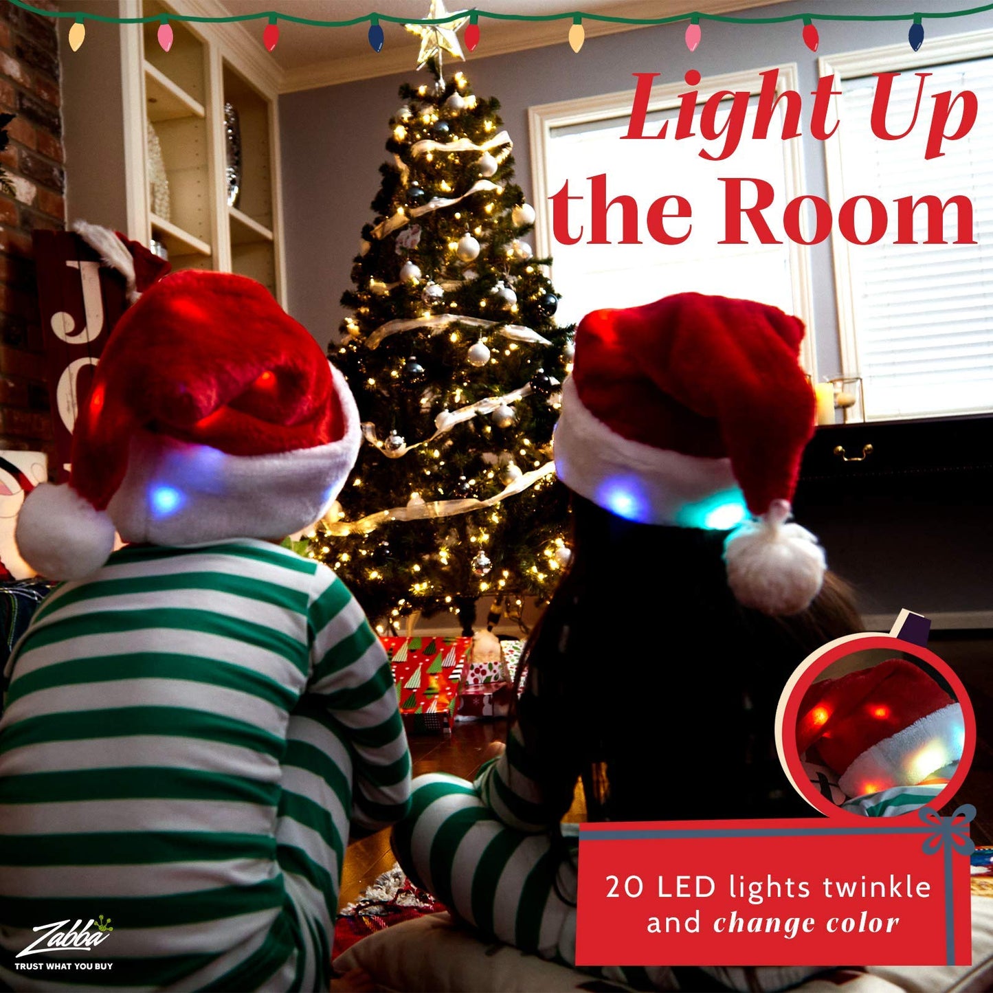 Winks Novelty Plush Santa Hat - Pack of 2 - Funny Christmas Hats for Kids & Adults with 20 Light Up, Color-Changing LED Lights and Batteries - Adult Size