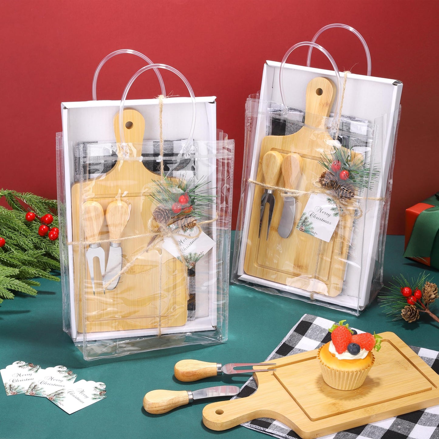 Kochorie 6 Sets Christmas Gifts Square Cheese Board Baby Bridal Shower Prizes for Game Winners Mini Cutting Board Tray with Cheese Knives Forks Kitchen Towels Christmas Party Supplies for Guests