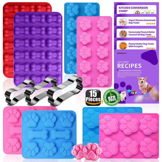 RUGVOMWM Homemade Silicone Dog Treat Molds - Dog Treat Cookie Cutters - Dog Treat Recipes Card, Food Grade Silicone Molds for Candy and Dog Ice Cubs - Set of 15
