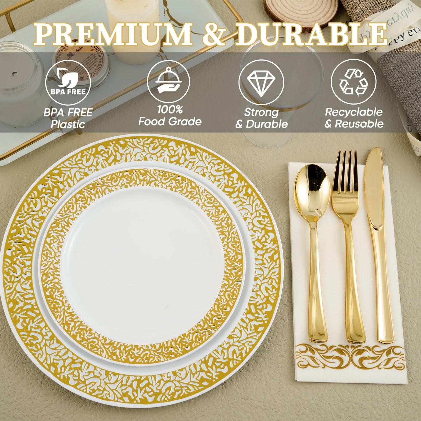 FOCUSLINE 175 Ct Gold Dinnerware Set for 25 Guests, White Plastic Plates with Gold Lace Rim Design, Including 25 Disposable Dinner & Dessert Plates, Cups, Napkins, Cutlery Set