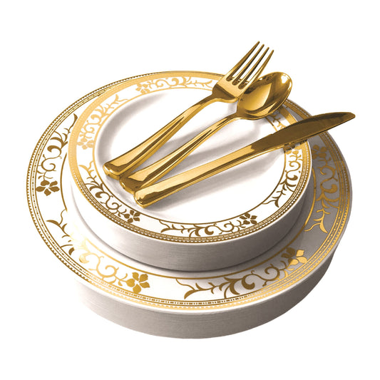 125-Piece White and Gold Floral Fancy Plastic Plates Disposable with Silverware, Elegant Dinnerware for Weddings, Holiday Party China, Set of 25 Dinner + Salad Plates, 25 Spoons, 25 Forks, 25 Knives