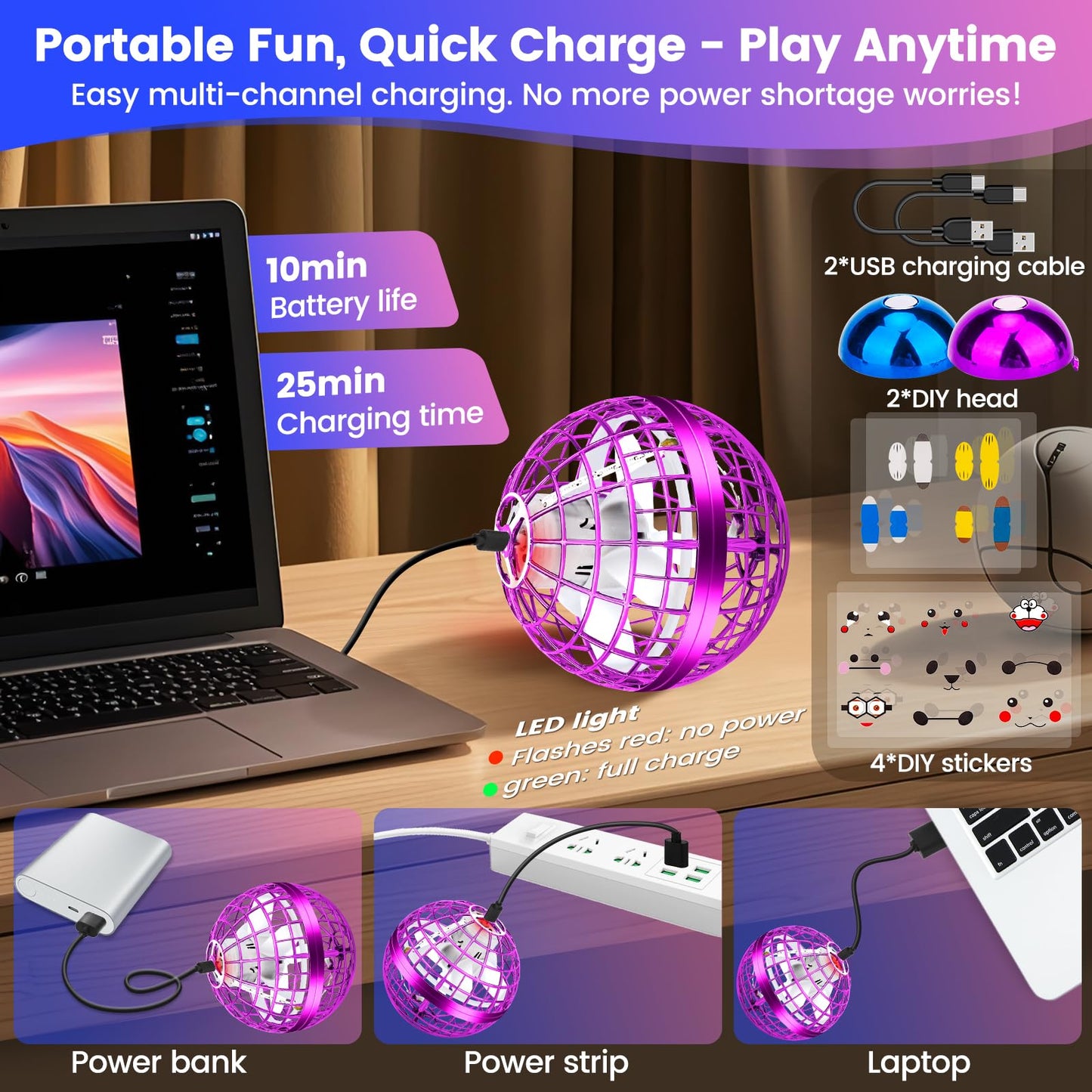 NWLAEWR Flying Orb Ball Toy, Hand Controlled Hover Ball with LED Lights, 360° Rotating Boomerang Globe, Mini Drone Spinner for Kids, Ideal Birthday & Festival Gift for Boys Girls, 2 Pack - Blue&Purple