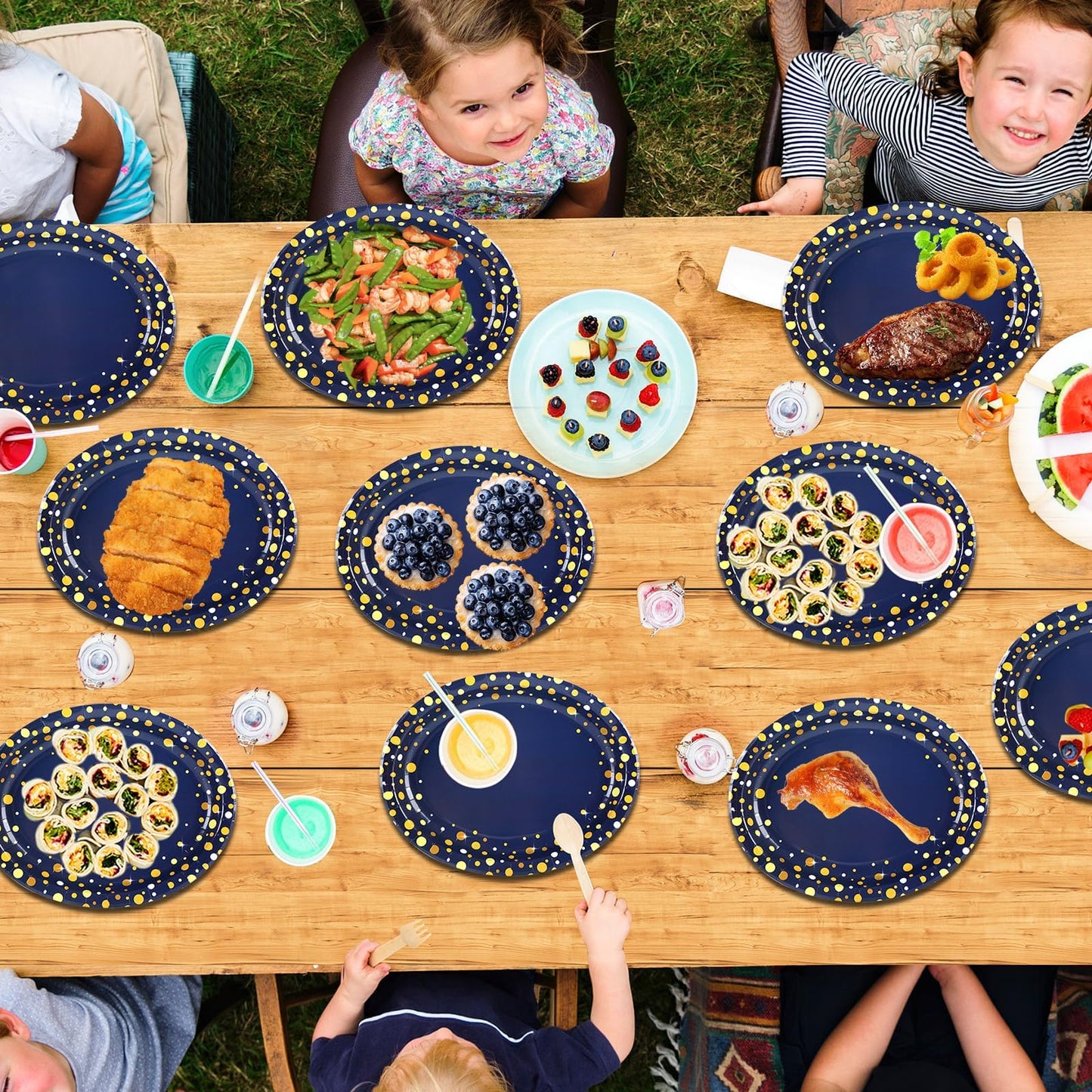 50Pcs Blue and Gold Party Supplies Large Gold Dot on Blue Paper Plates Oval Dinner Plates Disposable Party Tableware for Birthday Decorations Graduation Baby Showers Wedding Holiday Retirement