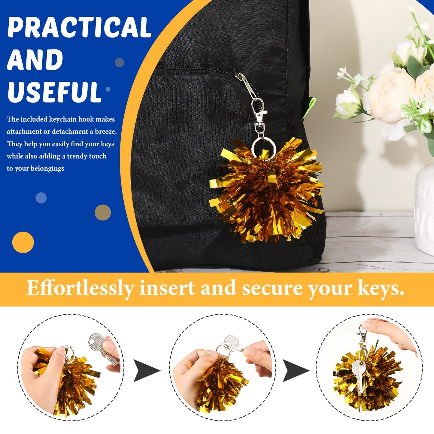 Remuuly 20 Pcs Cheer Pom Pom Keychain Cheerleader Gifts Cheerleading Keyring Charm Foil with Keychain Hooks for Women Accessories (Dark Gold)