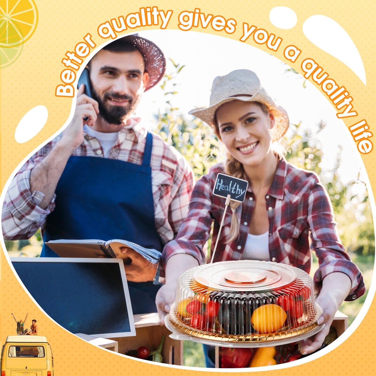 Nitial 12 Pcs Plastic Serving Tray with Lid Heavy Duty Elegant Platters Gold Catering Trays Round Stackable Disposable Containers with Clear Lids for Party Fruit Cake Sandwich Takeout Food (12 Inches)