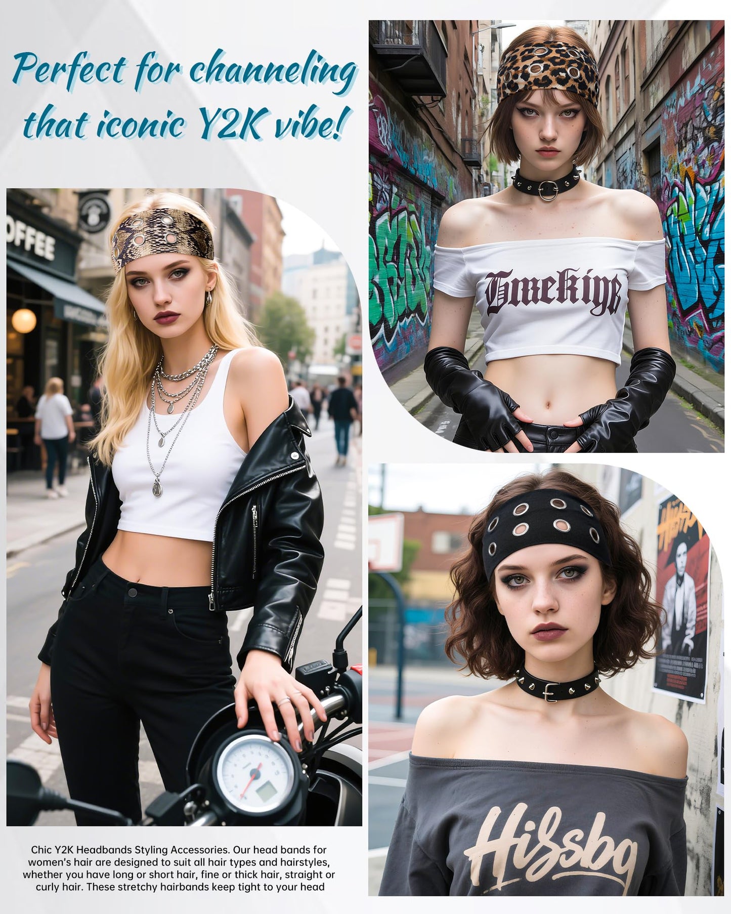 Mesovor 3 Pack Fashion Grommet Wide Headbands for Women, Hollow Out Eyelets Elastic Head Bands | Y2k Girls Punk Grunge Stretchy Hair Accessory (Black, Snakeskin, Leopard, 3.9" wide)