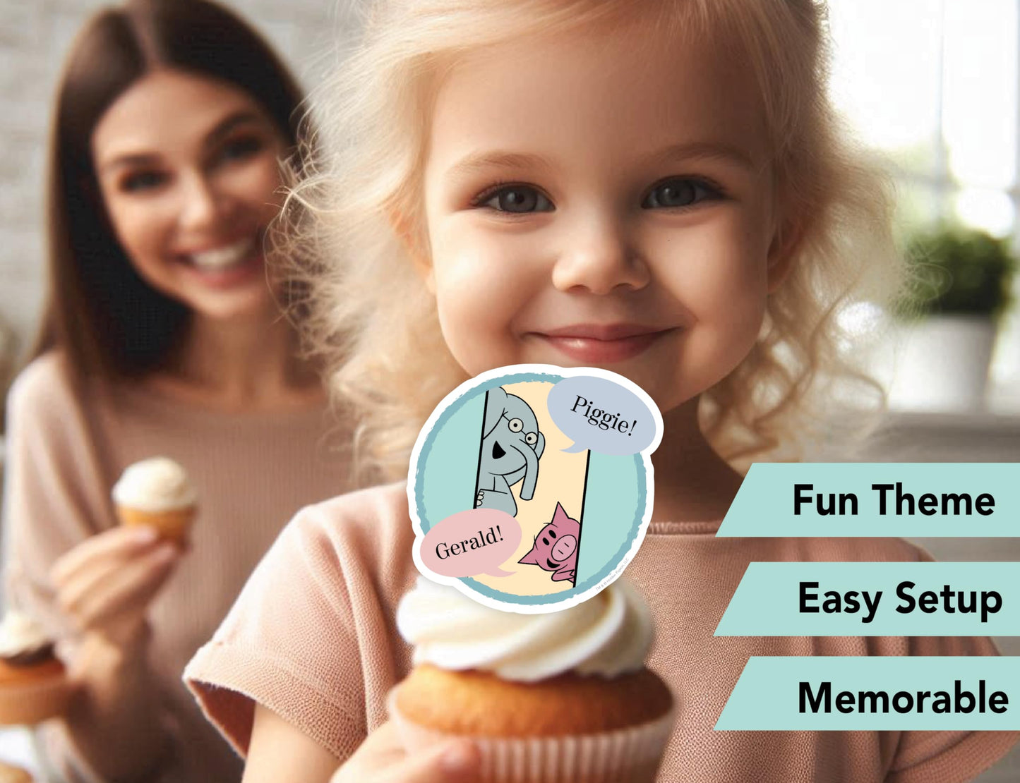 Elephant and Piggie Party Supplies Boy or Girl Birthday Party Decor with 8 Foot Banner, 24 Cupcake Toppers, Cake Topper, 4 Streamers with Gerald and Piggie Book Characters by Mo Willems (Party Set)