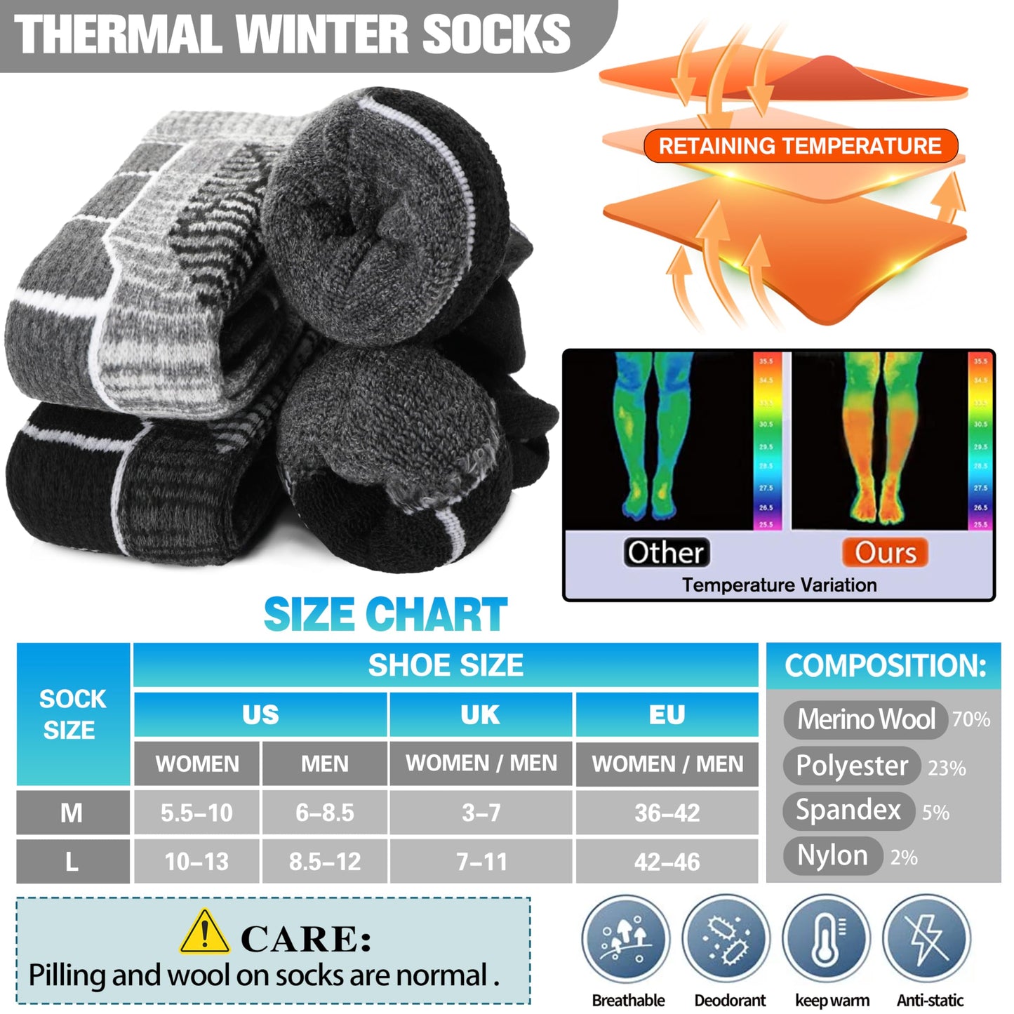 Anlisim Merino Wool Ski Thermal Unisex Socks for Men Women Winter Warm Thick Knee High Long Skiing Snowboarding Socks 3 Pairs Gift Stocking Stuffers(Black Gray,L)